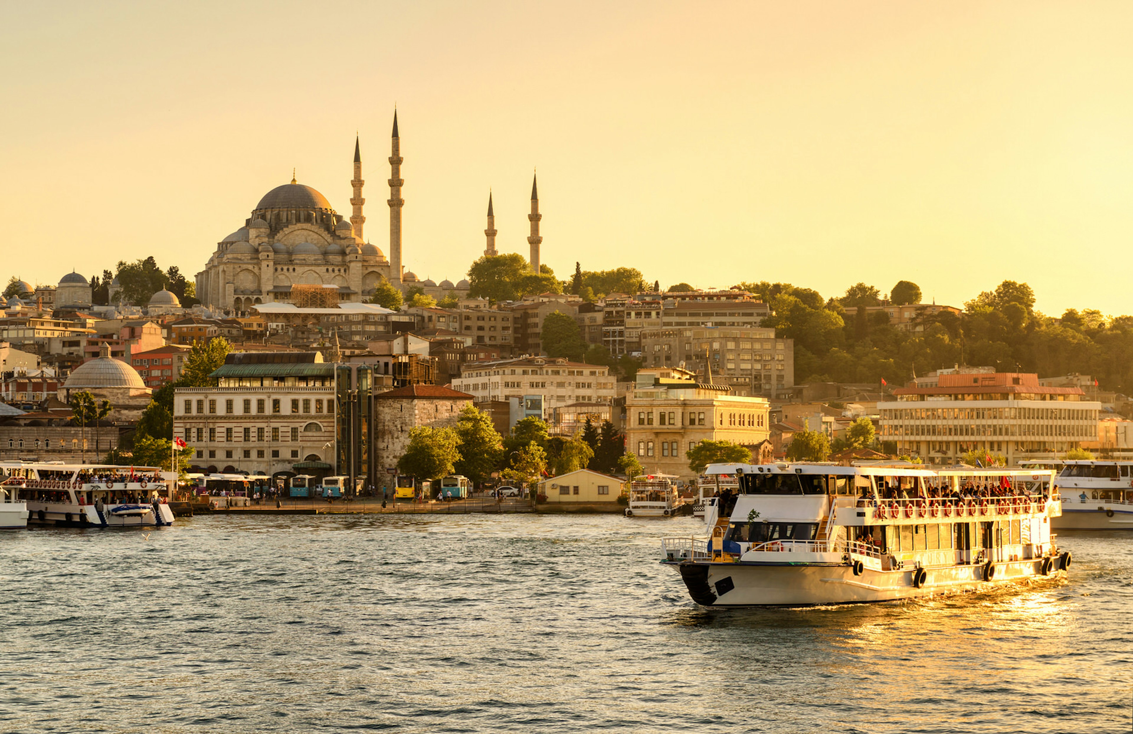 Tourist boat sails on the Golden Horn, Istanbul at sunset, Turkey © Viacheslav Lopatin / Shutterstock