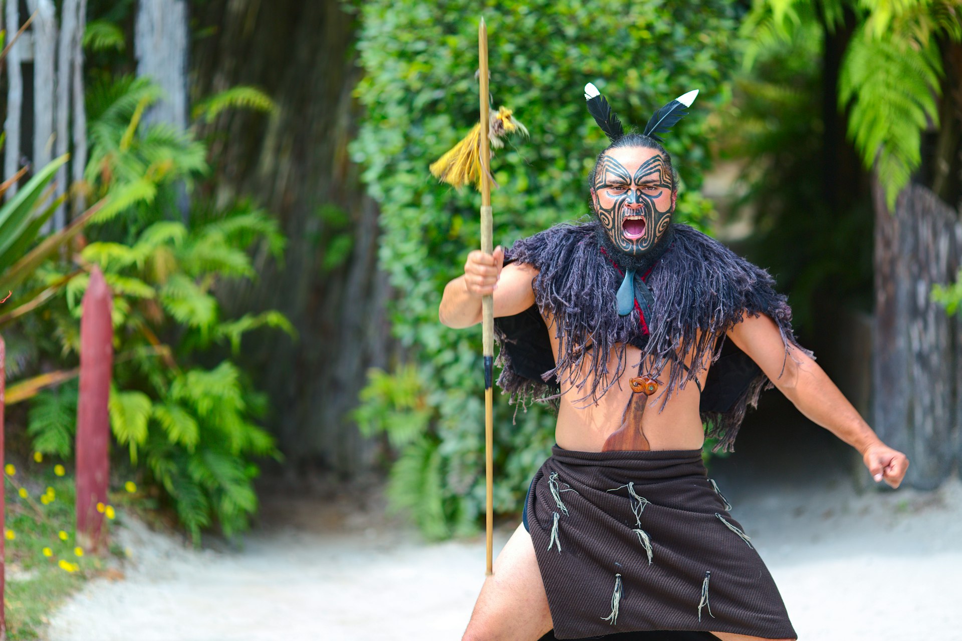 A Maori man gives a traditional greeting at a show near Rotorua town, New Zealand.