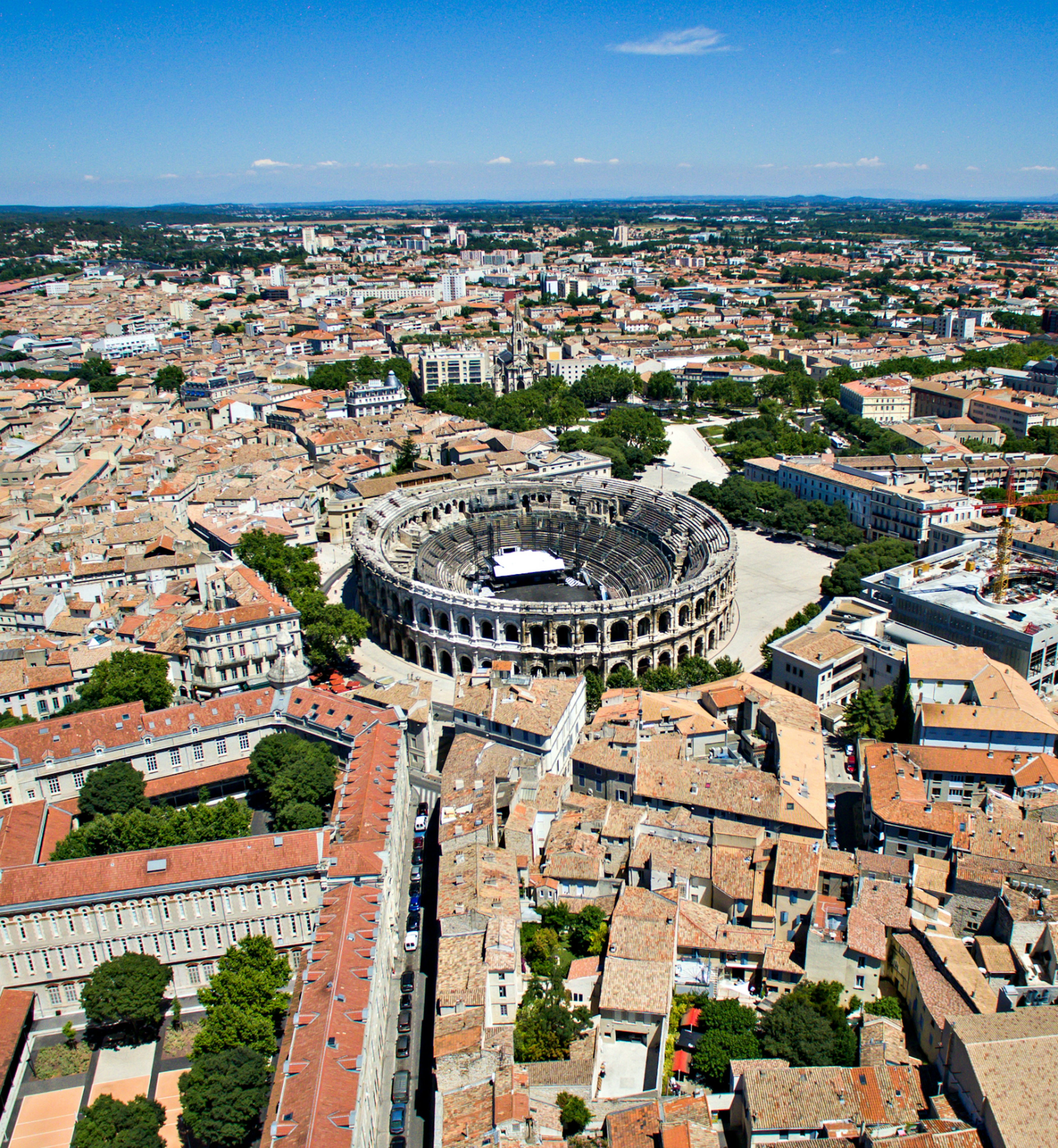 The Les Arènes amphitheatre in Nîmes as seen from the air