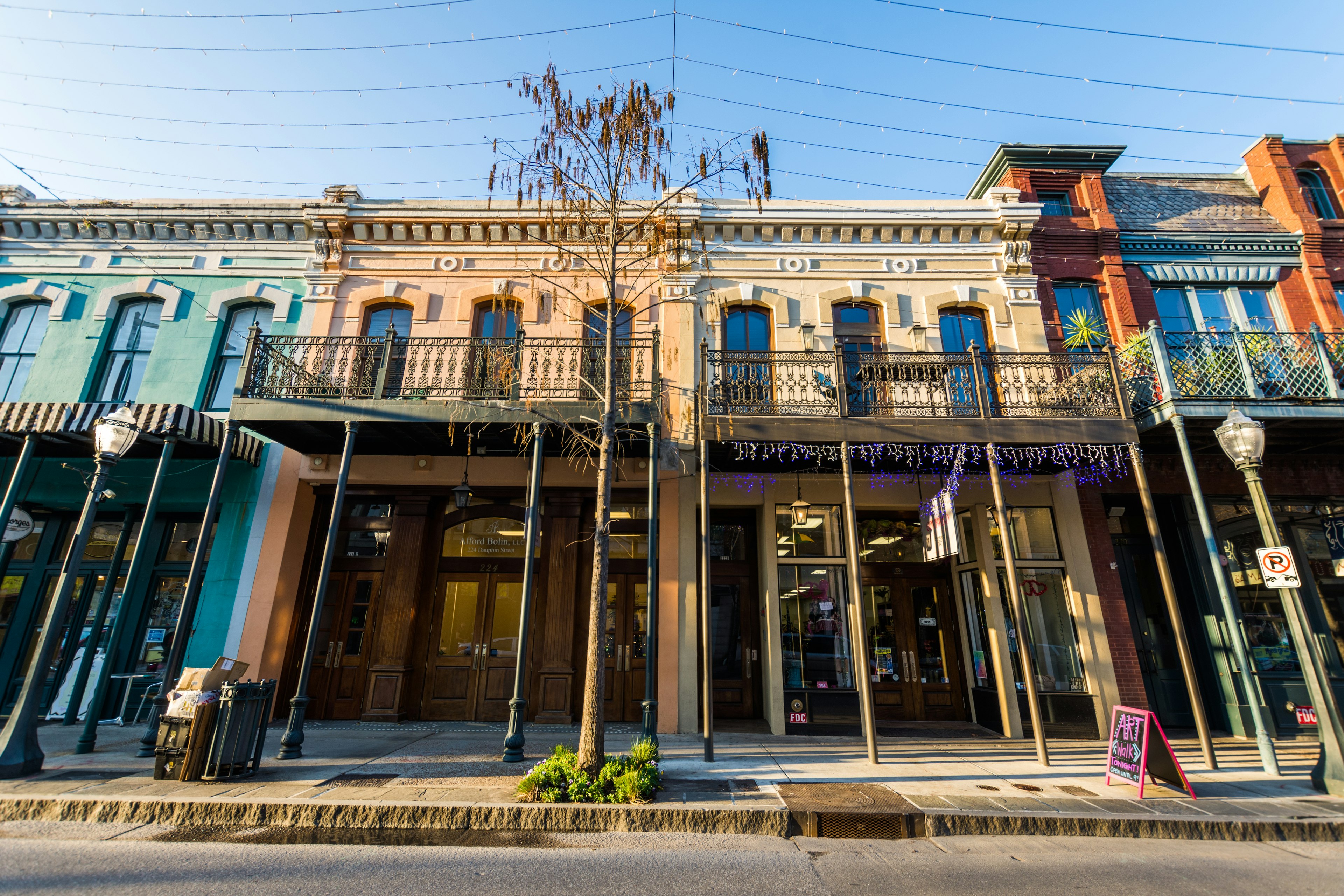 Storefronts along a historic downtown street in Mobile, Alabama