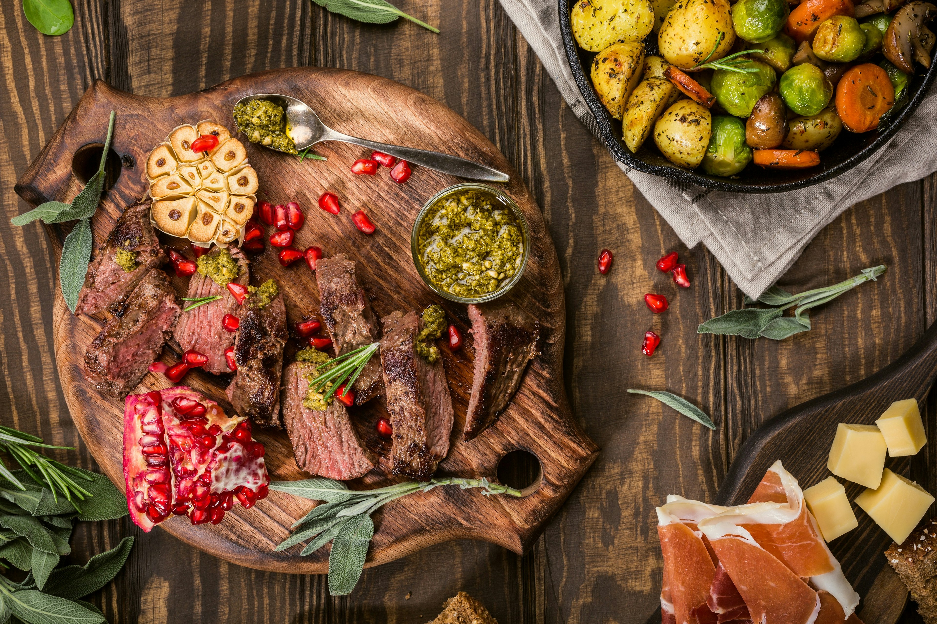 Kangaroo fillet with basil pesto and pomegranate seeds