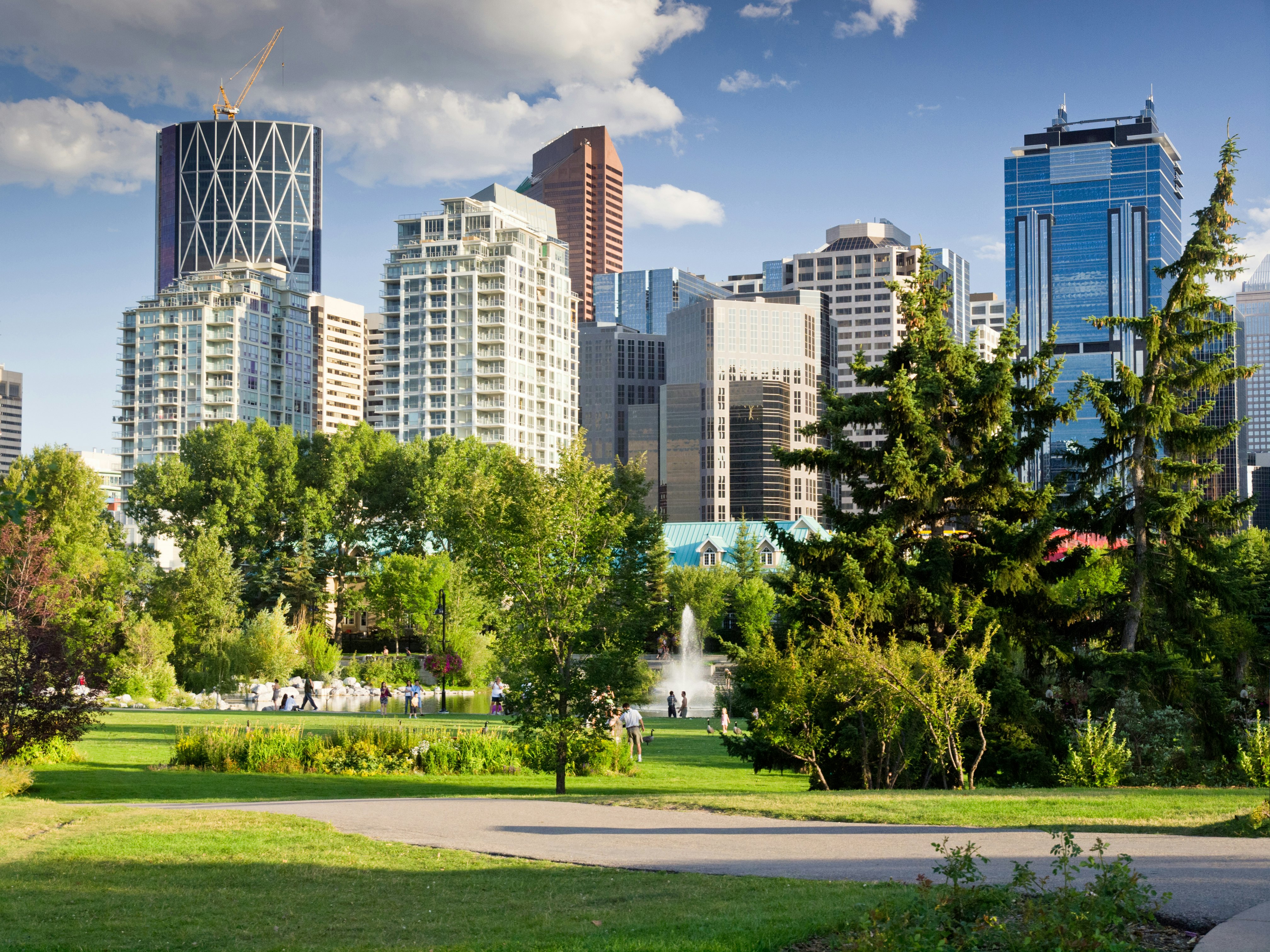 A parkland on the edge of a high-rise downtown of a city