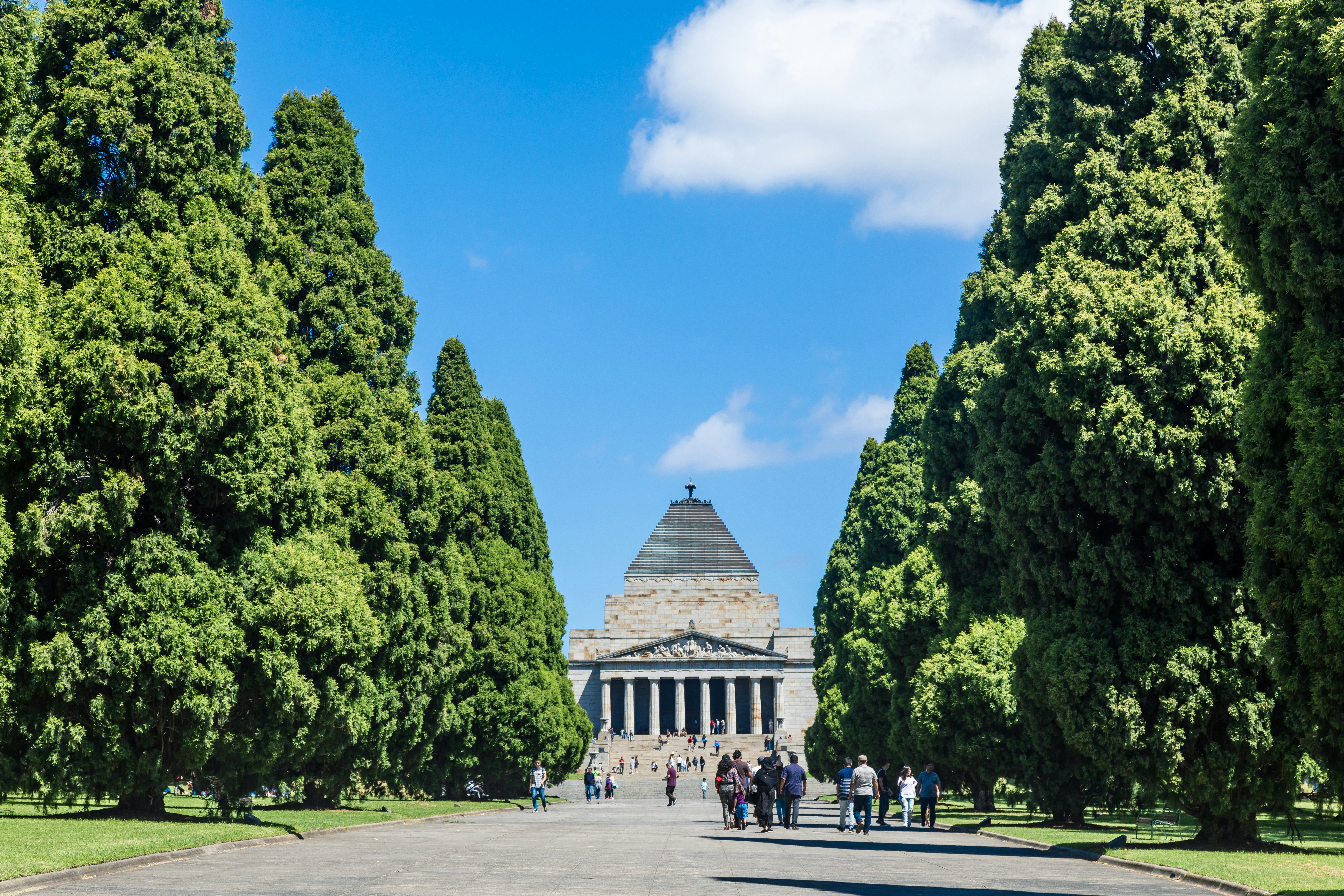 The Shrine of Remembrance, now a memorial to all Australians who have served in war, is flanked by trees in Melbourne.