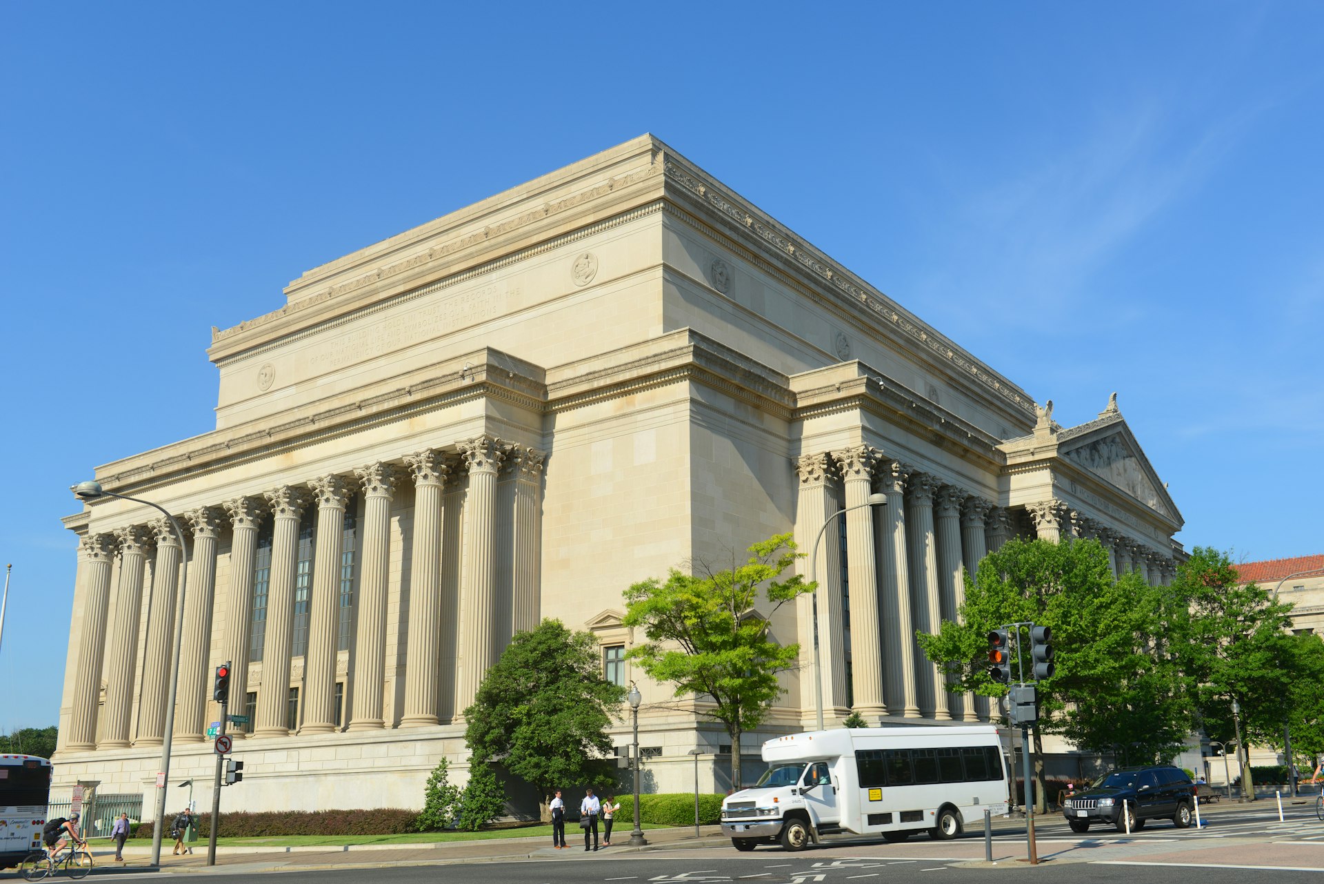 Exterior of a large building with multiple columns