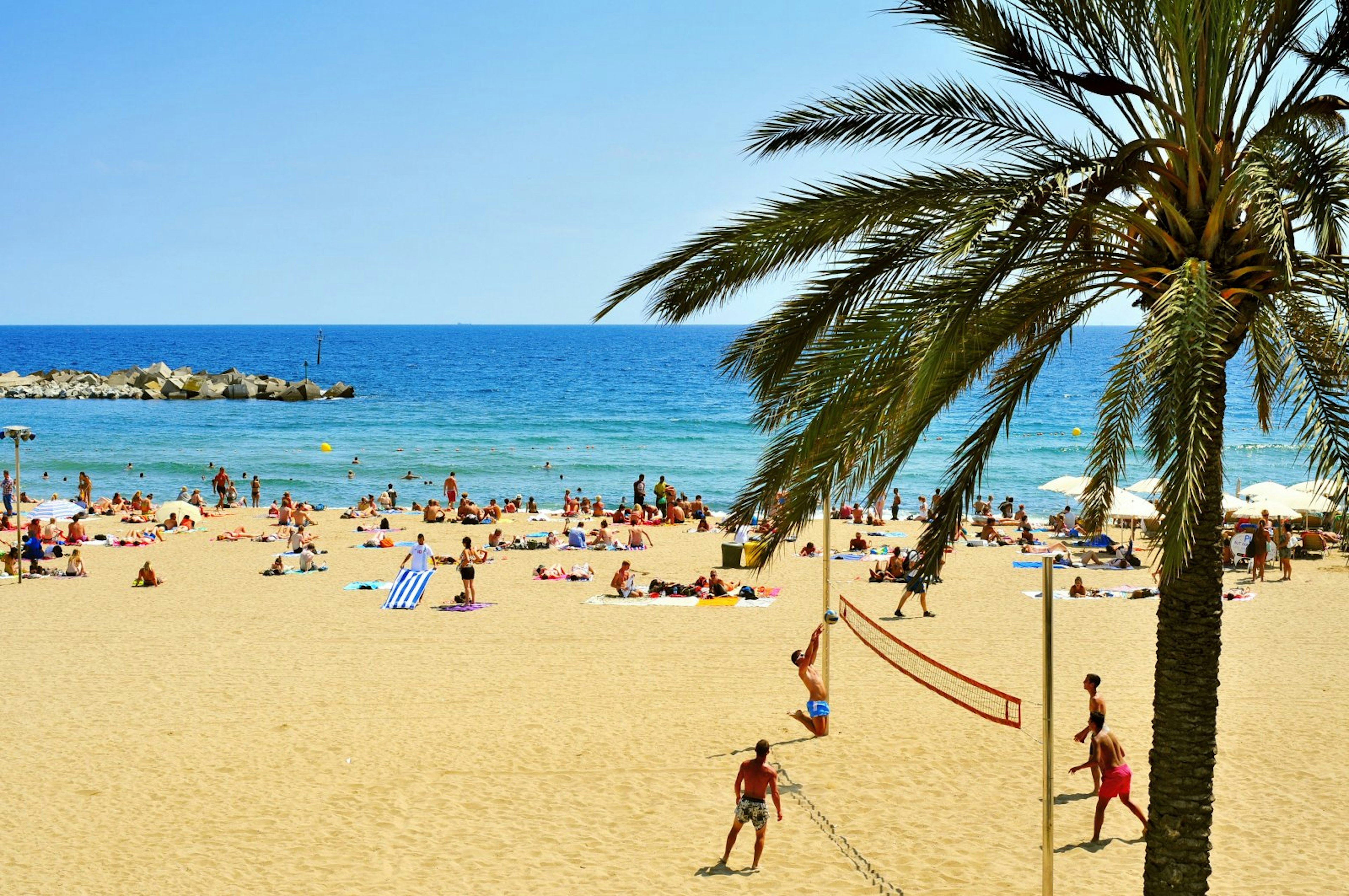 People lounge on the beach, with a group of four people playing beach volleyball in the foreground