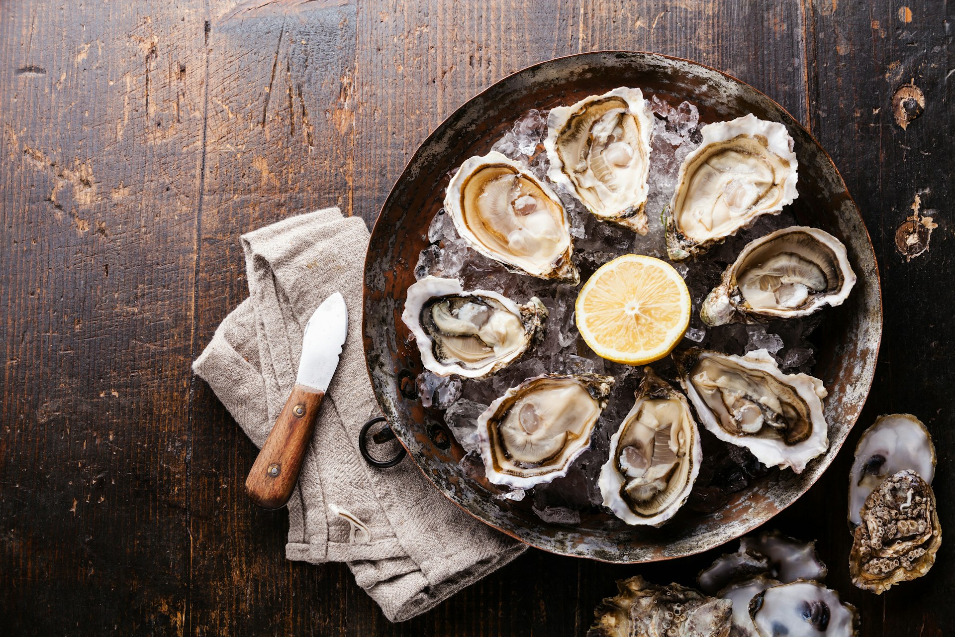 Opened oysters on metal copper plate on dark wooden background