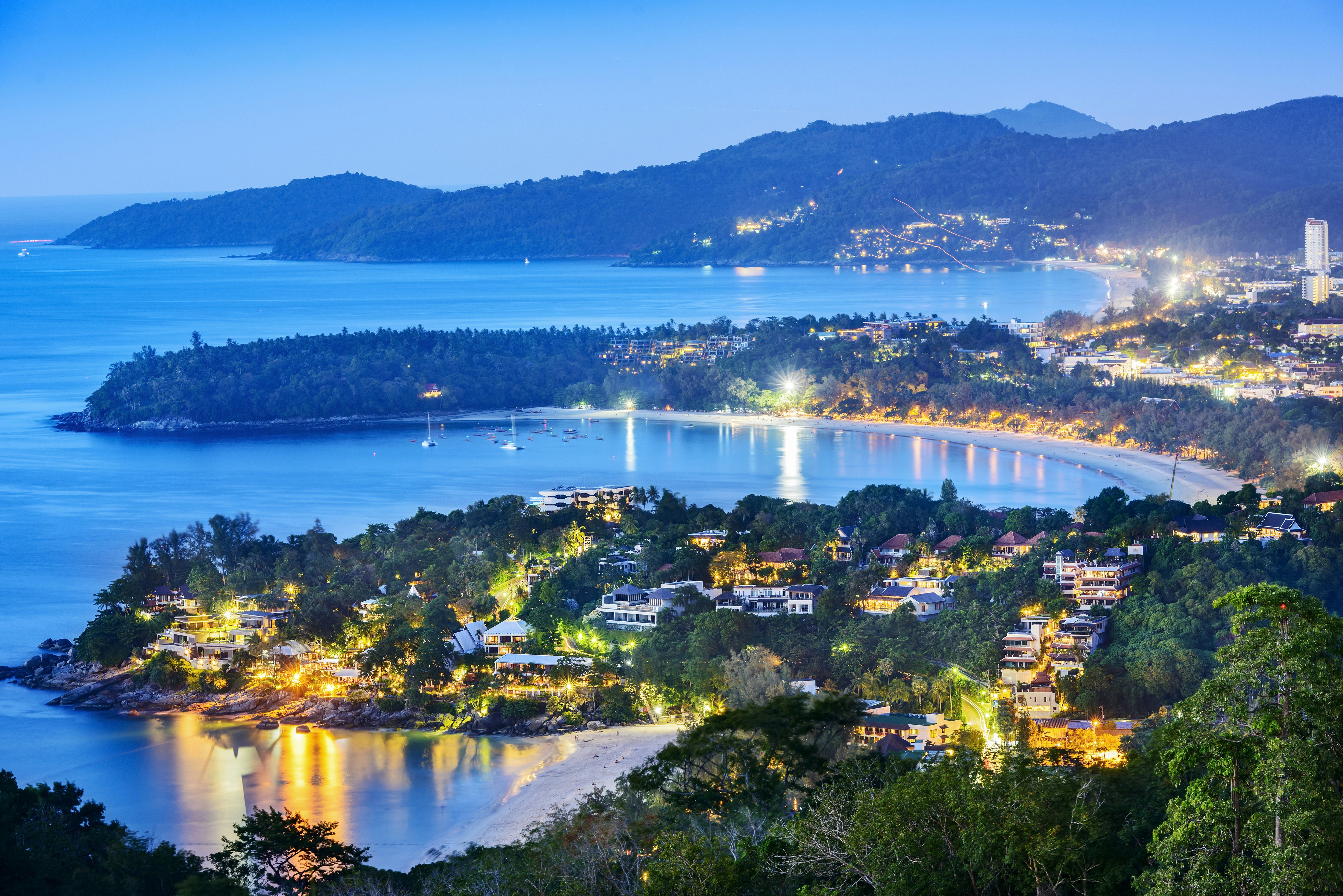 Phuket at dusk, Patong Beach, Karon Beach, Kata Beach, Taken from Karon Viewpoint. Phuket, Thailand.