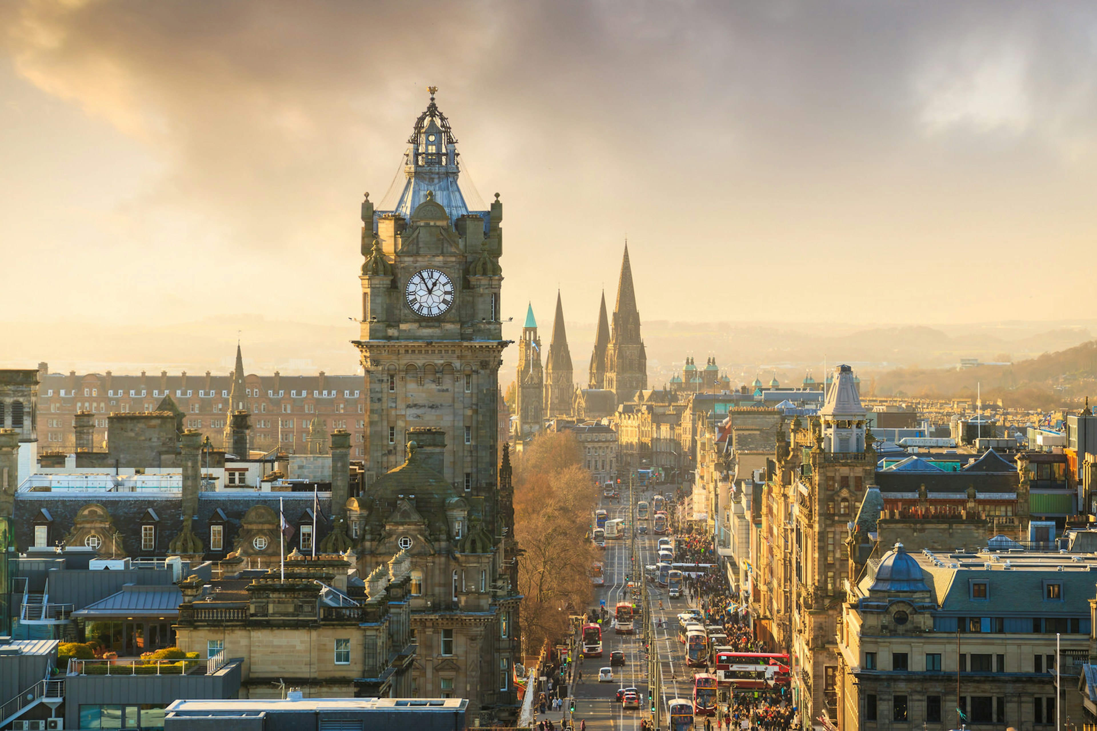 An aerial shot of Edinburgh's skyline at dusk