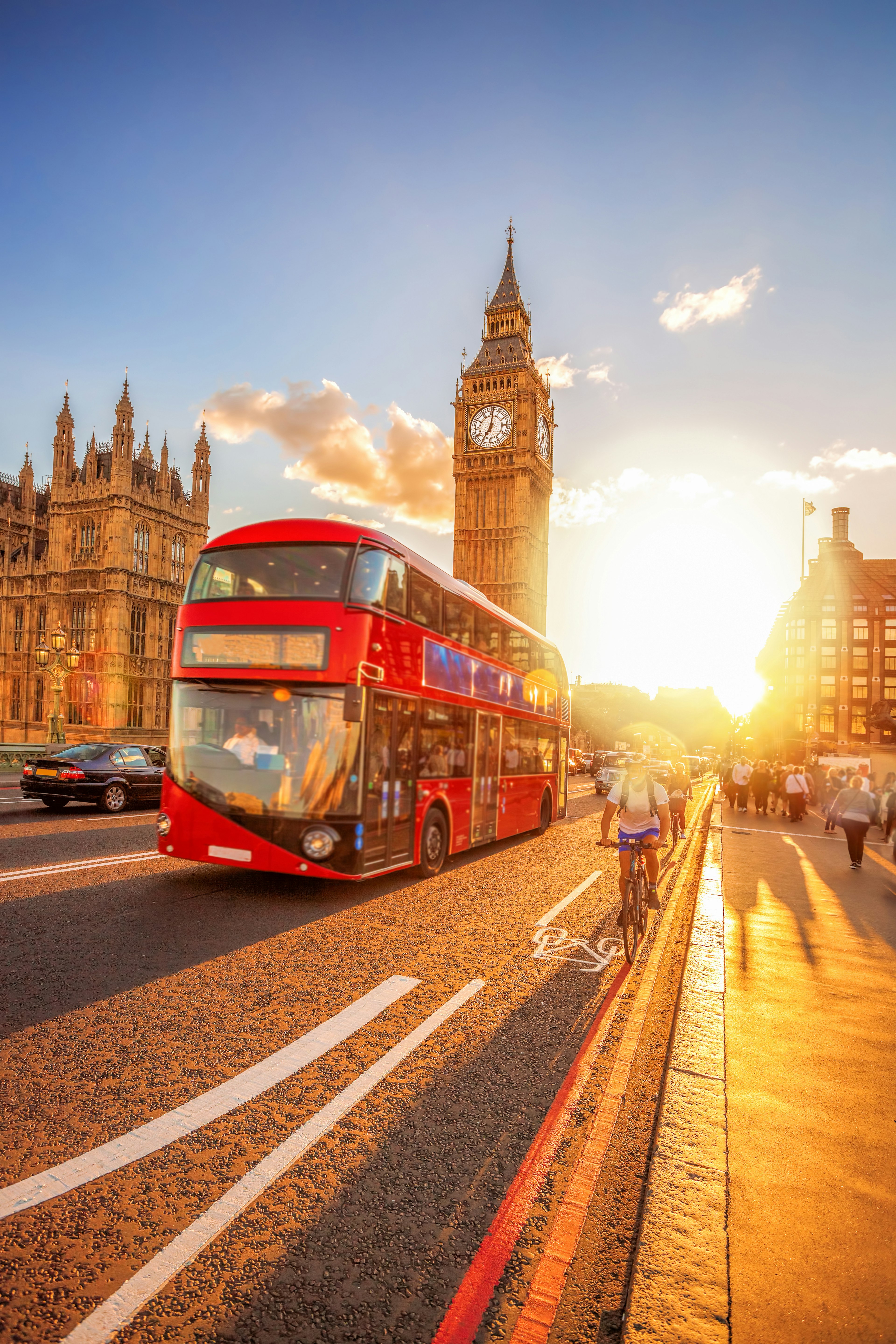 A golden-hour photo taken on Westminster Bridge in London.