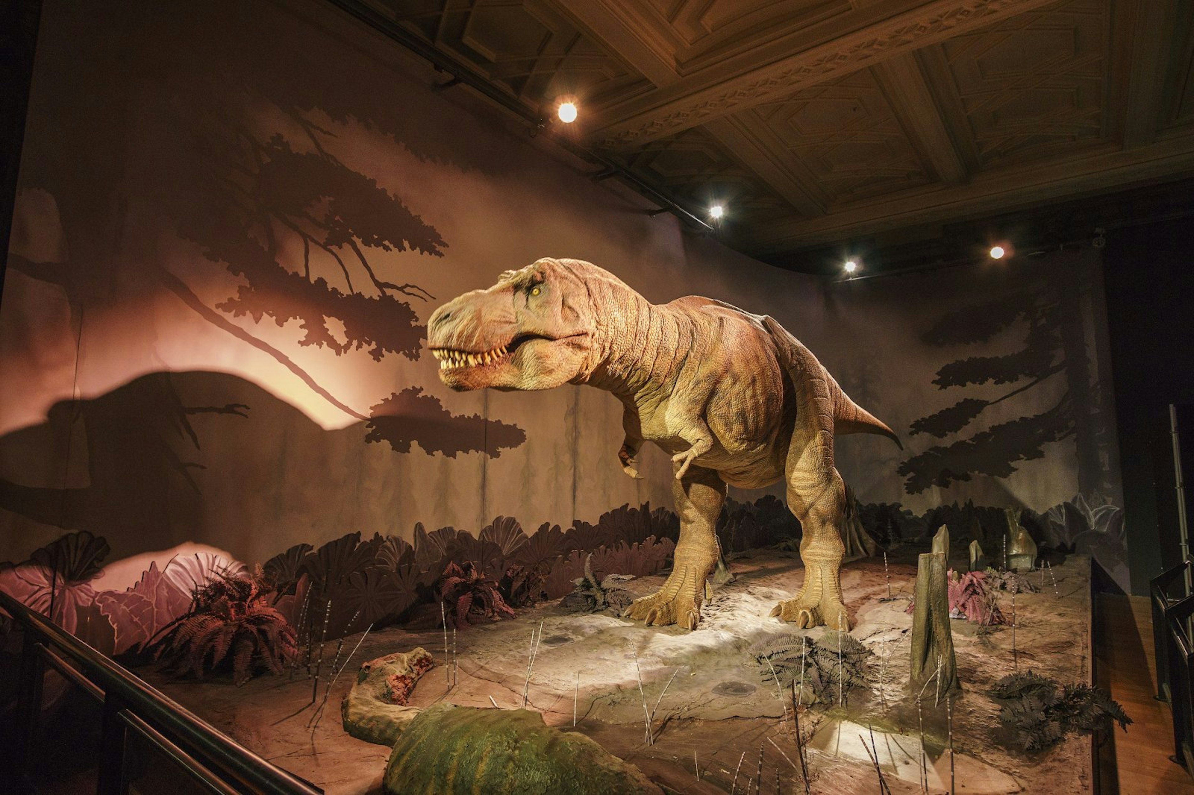 A large T-Rex stands in an empty gallery with light effects creating a sense of being in a prehistoric world