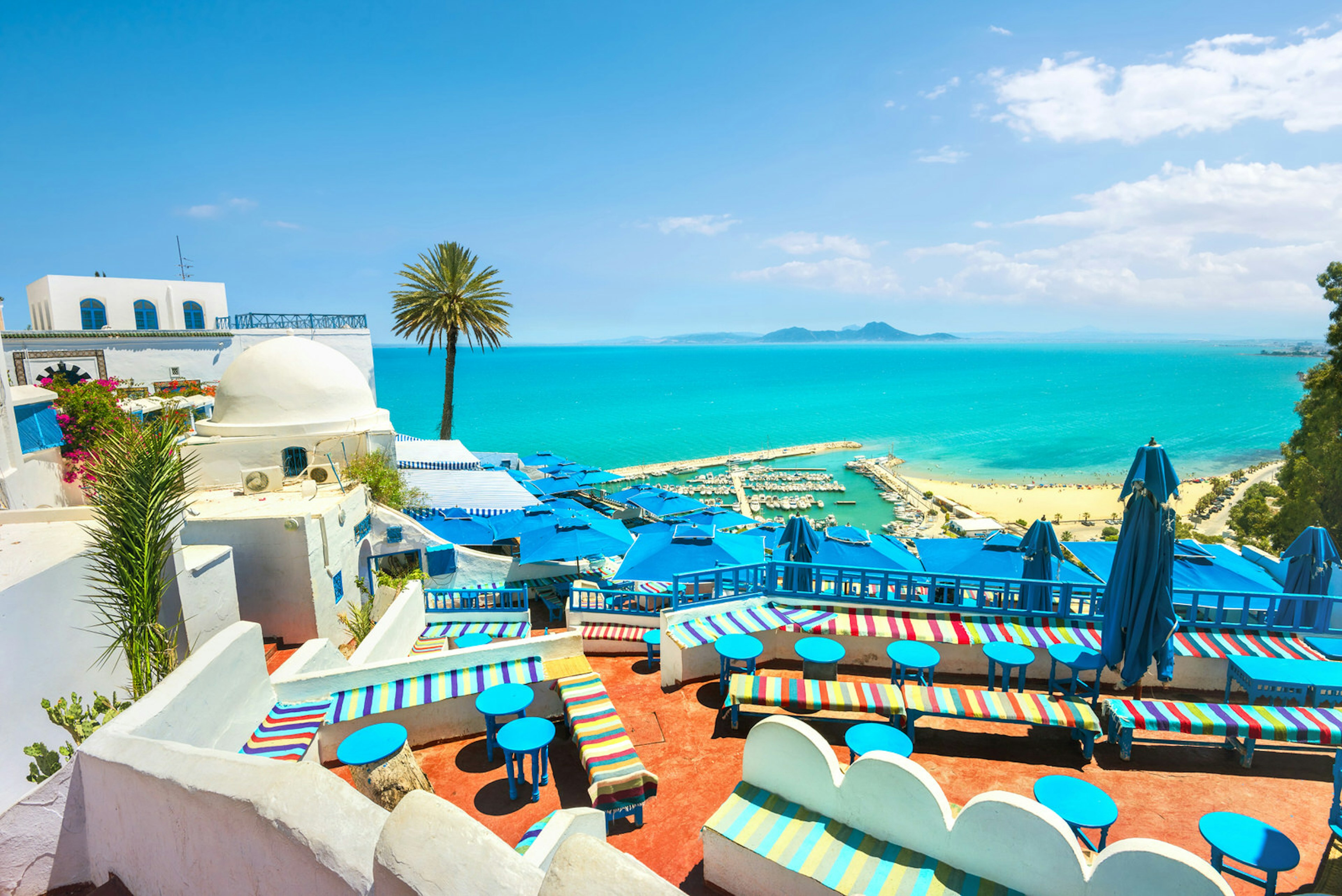 The white-and-blue coloured buildings of the seaside town, Sidi Bou Said, Tunis, Tunisia