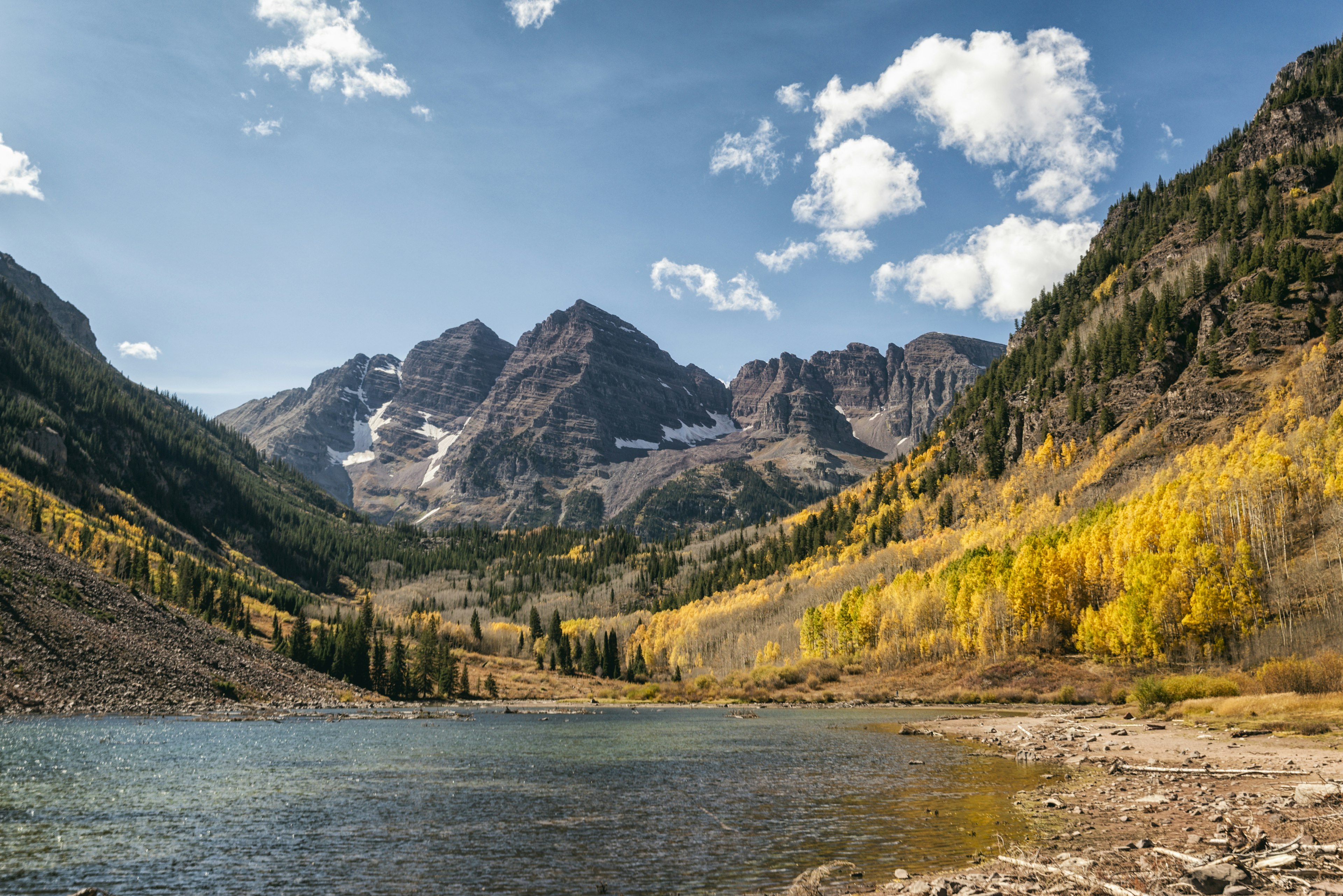 Alpine Lake in front of the Maroon Bells peaks in the Elk Mountains, Colorado