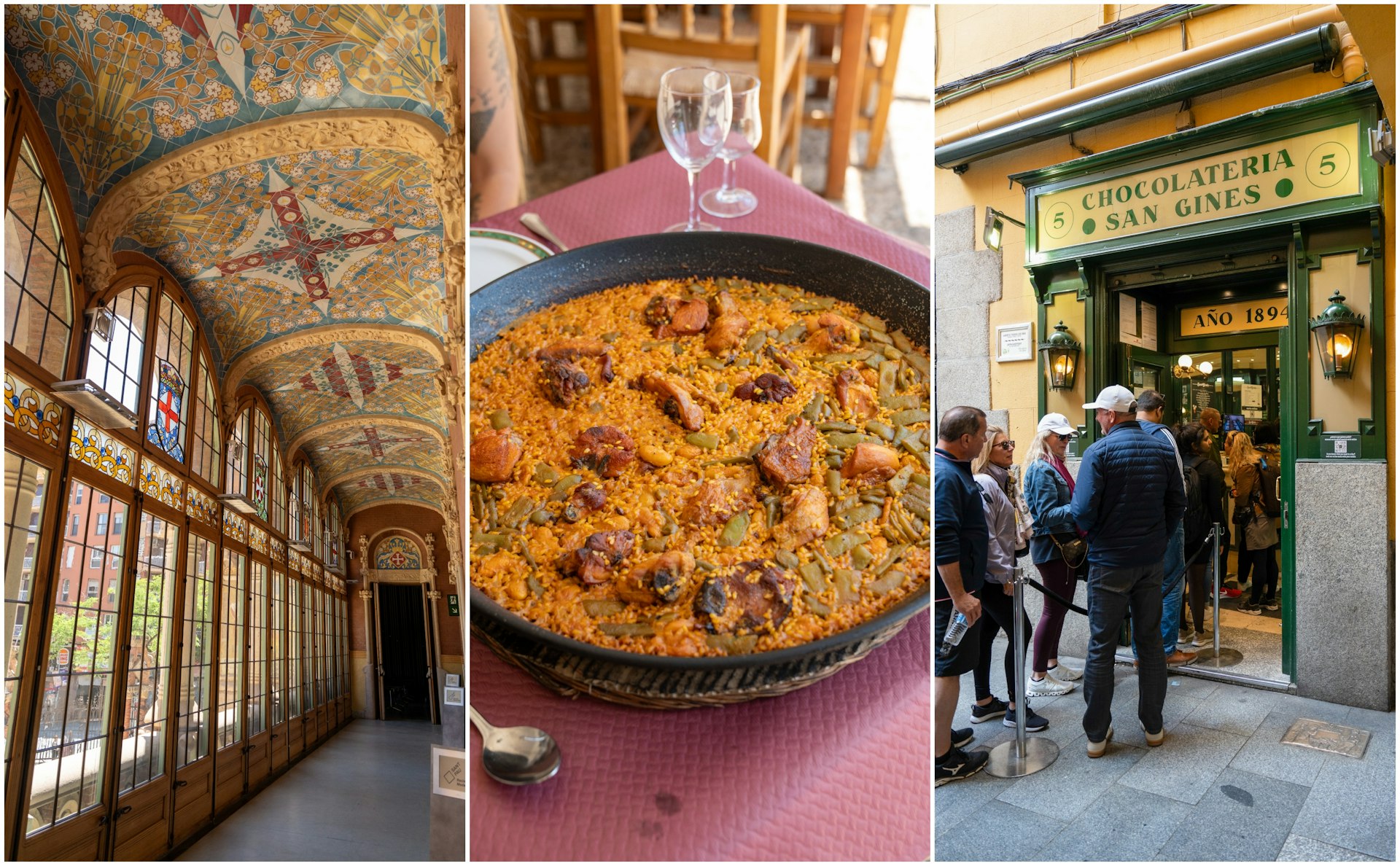 A Modernista interior of a hallway in Barcelona; A pot full of paella on a table; People queue outside a building for churros. 