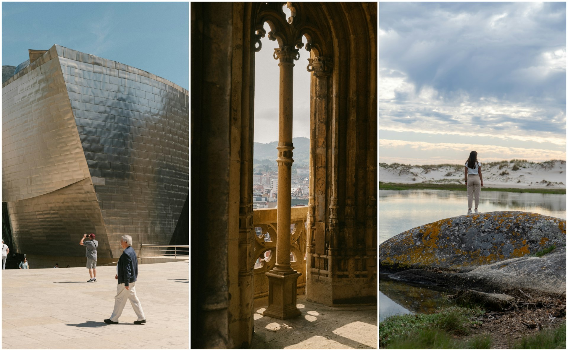 The Guggenheim in Bilbao; The Gothic Cathedral in Orviedo; A beach on the Costa da Morte. 