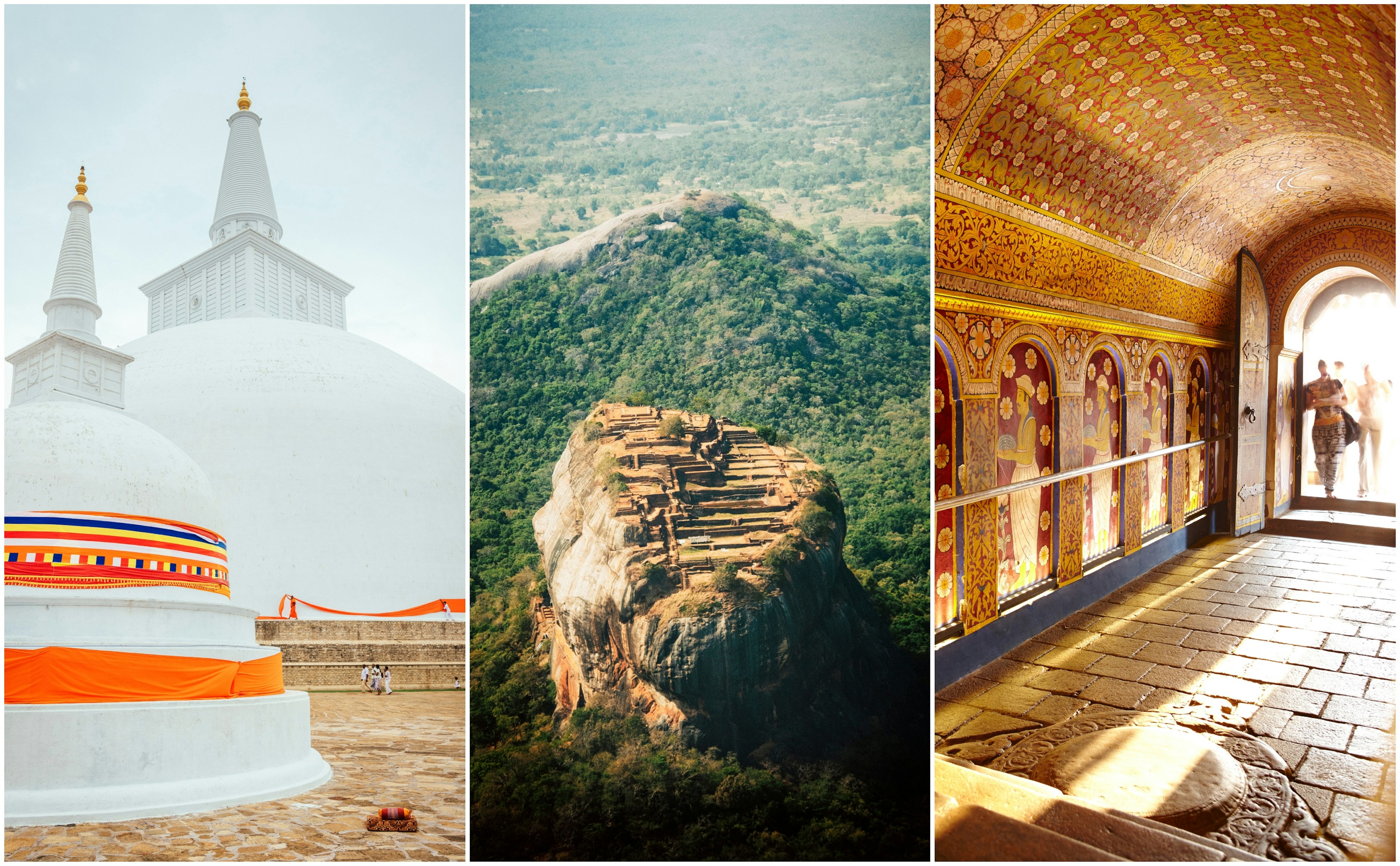 Left: the white domes of Buddhist temples; centre: large mountain rocks in the middle of a jungle; right: the richly designed interior of a Sri Lankan temple.