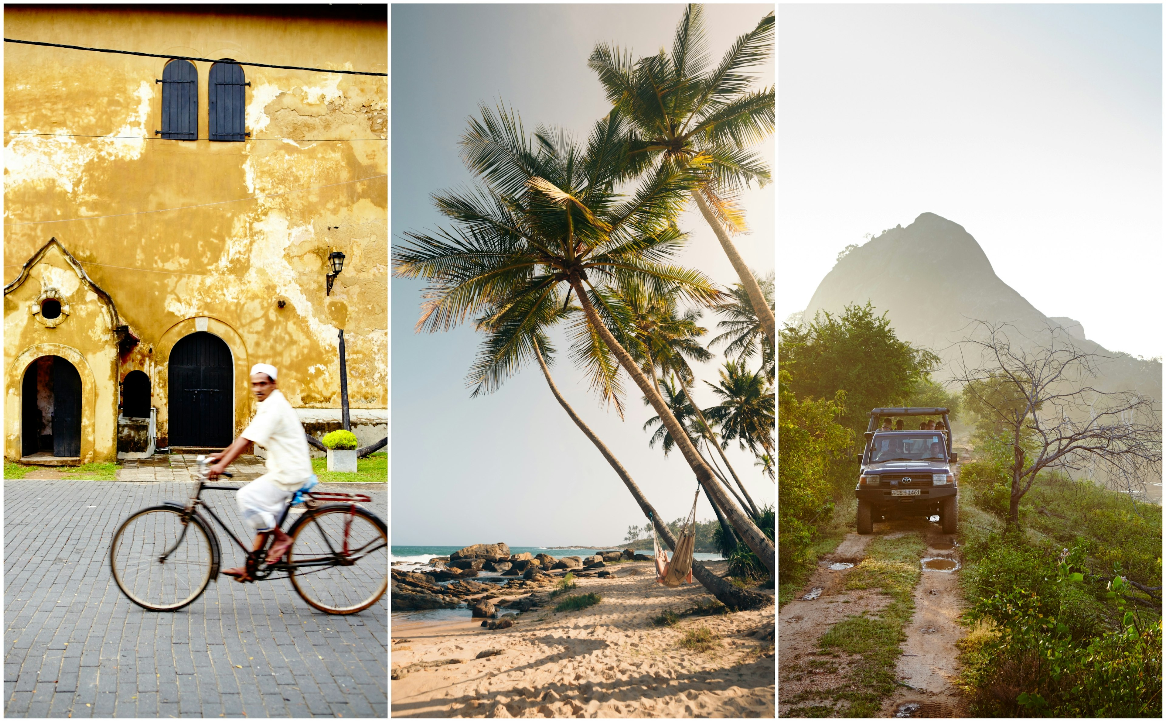 Left: a cyclist rides by a historic building in Galle; centre: a hammock hangs from a palm tree over a beache; right: A 4WD on safari in a national park