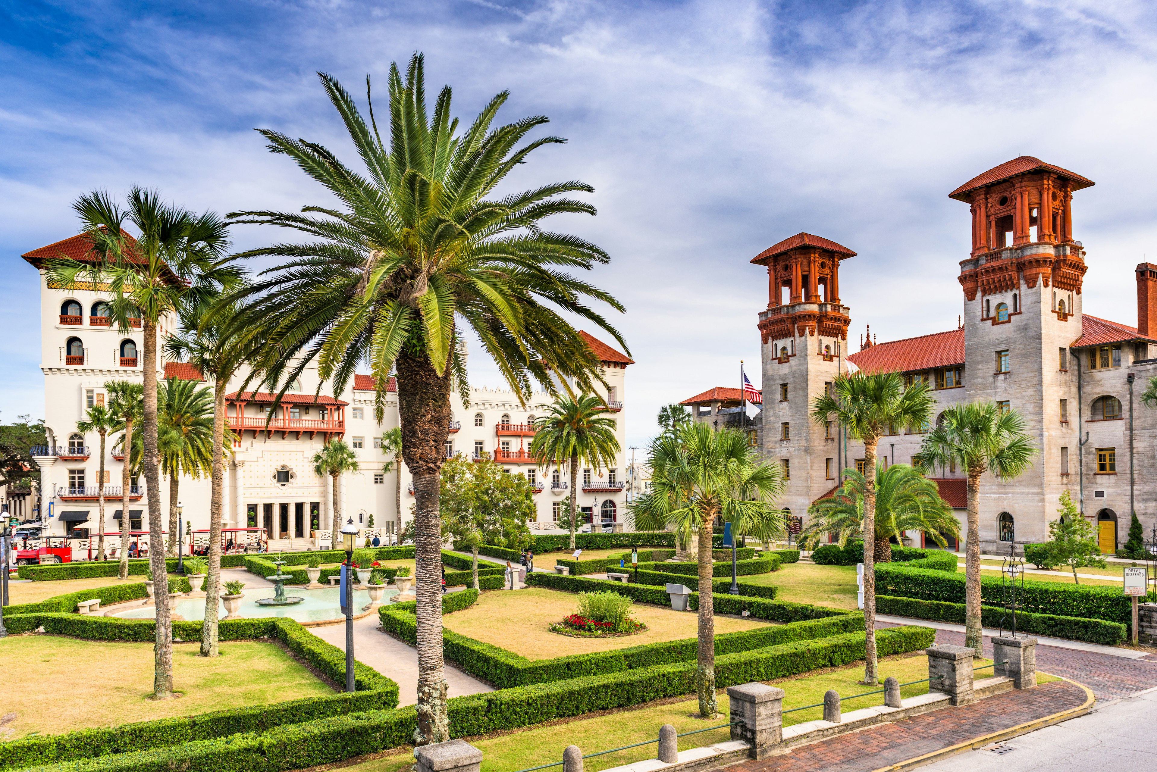 The town square in St Augustine, with Spanish architecture and palm trees