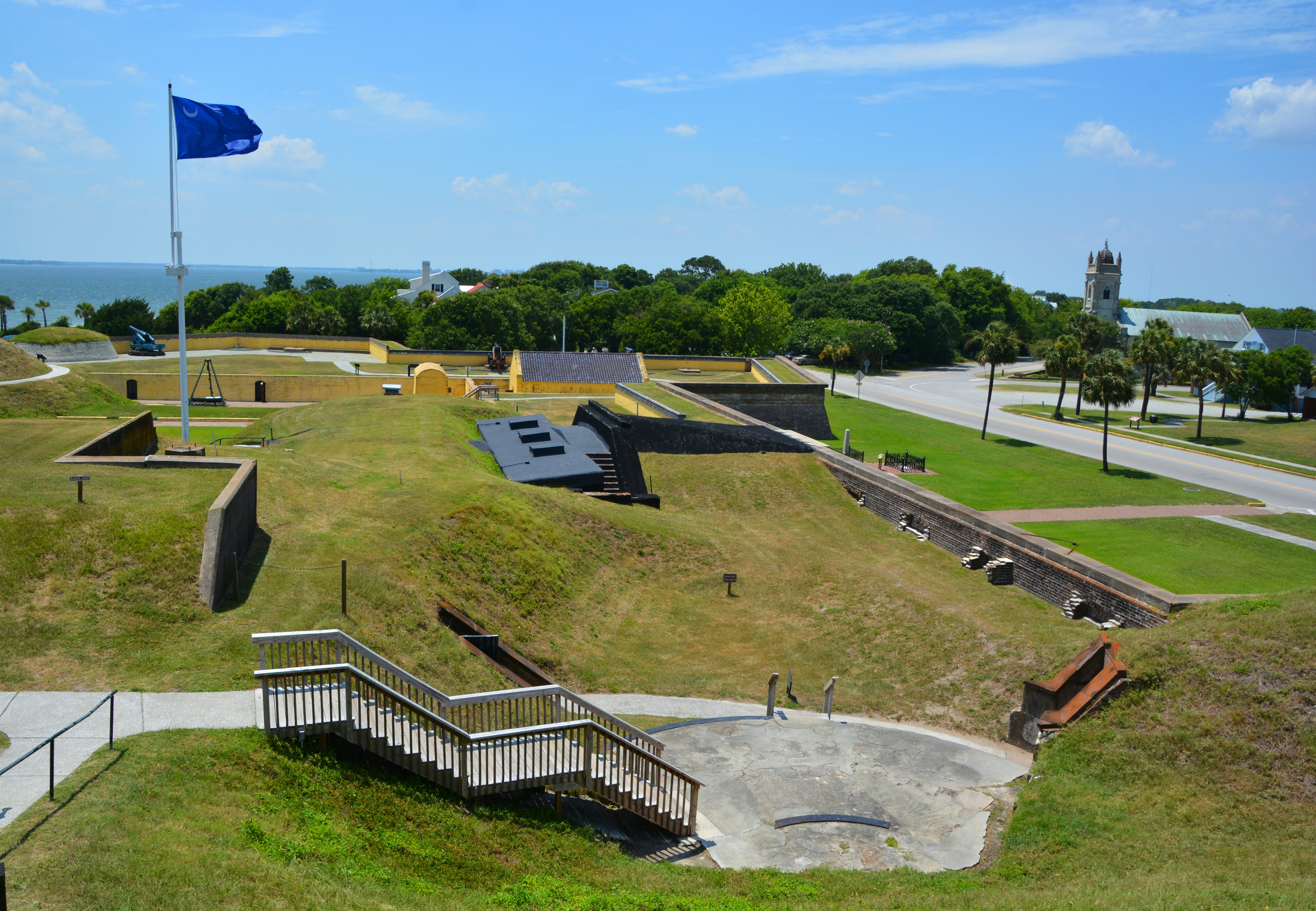 Fortifications from a Civil War–era fort covered in grass