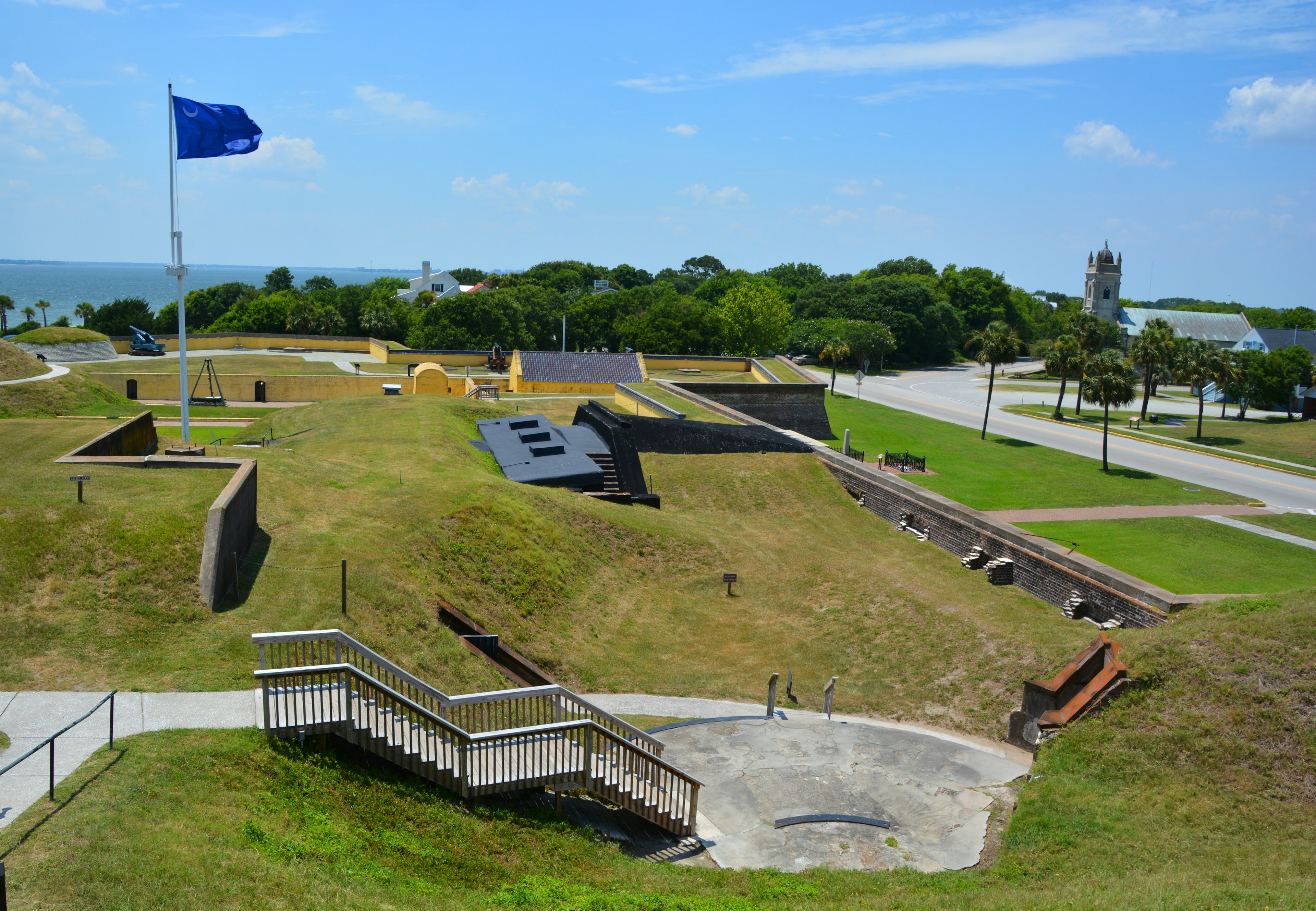 Fortifications from a Civil War–era fort covered in grass