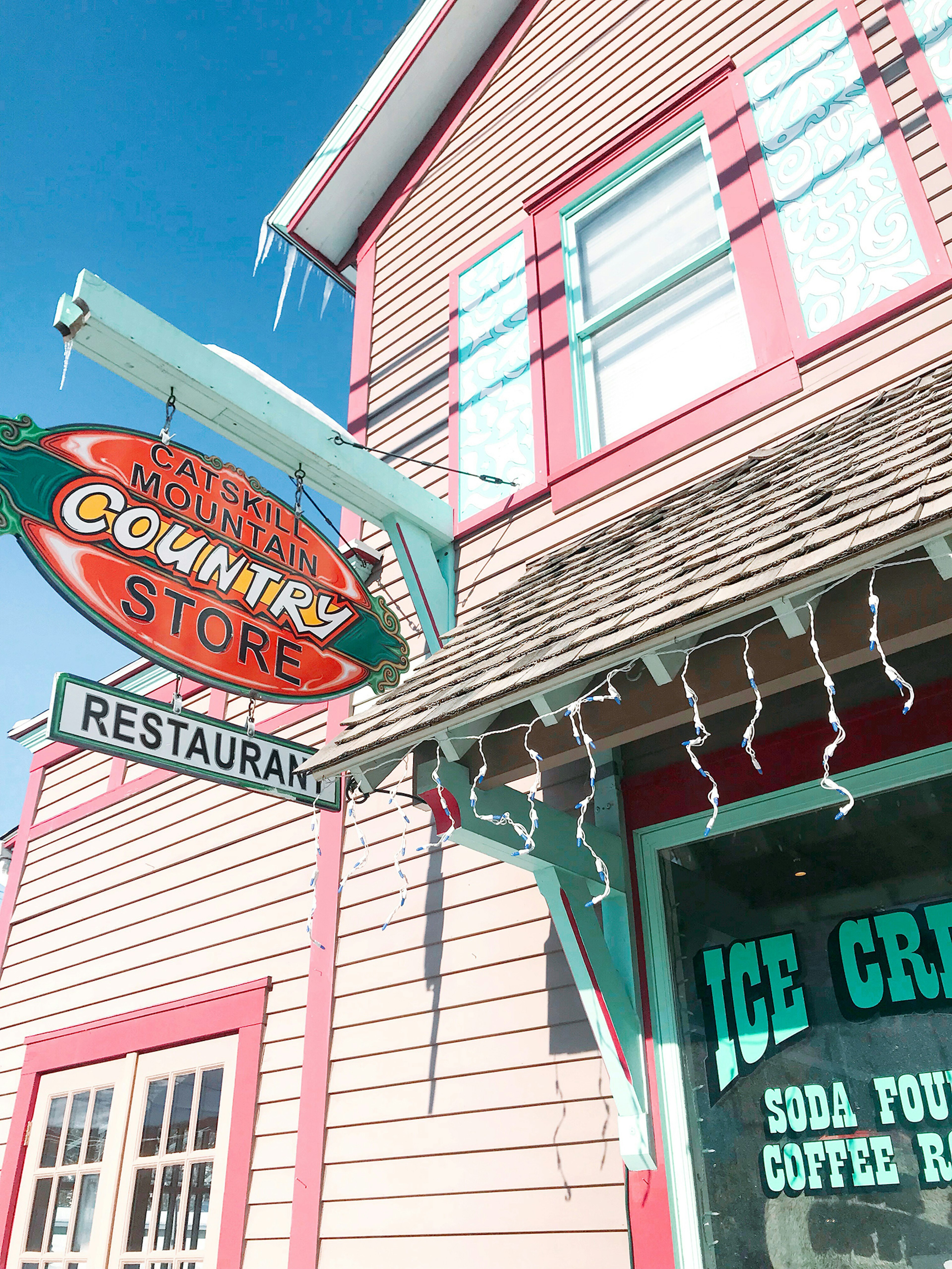 pink wooden storefront in Tannersville, New York