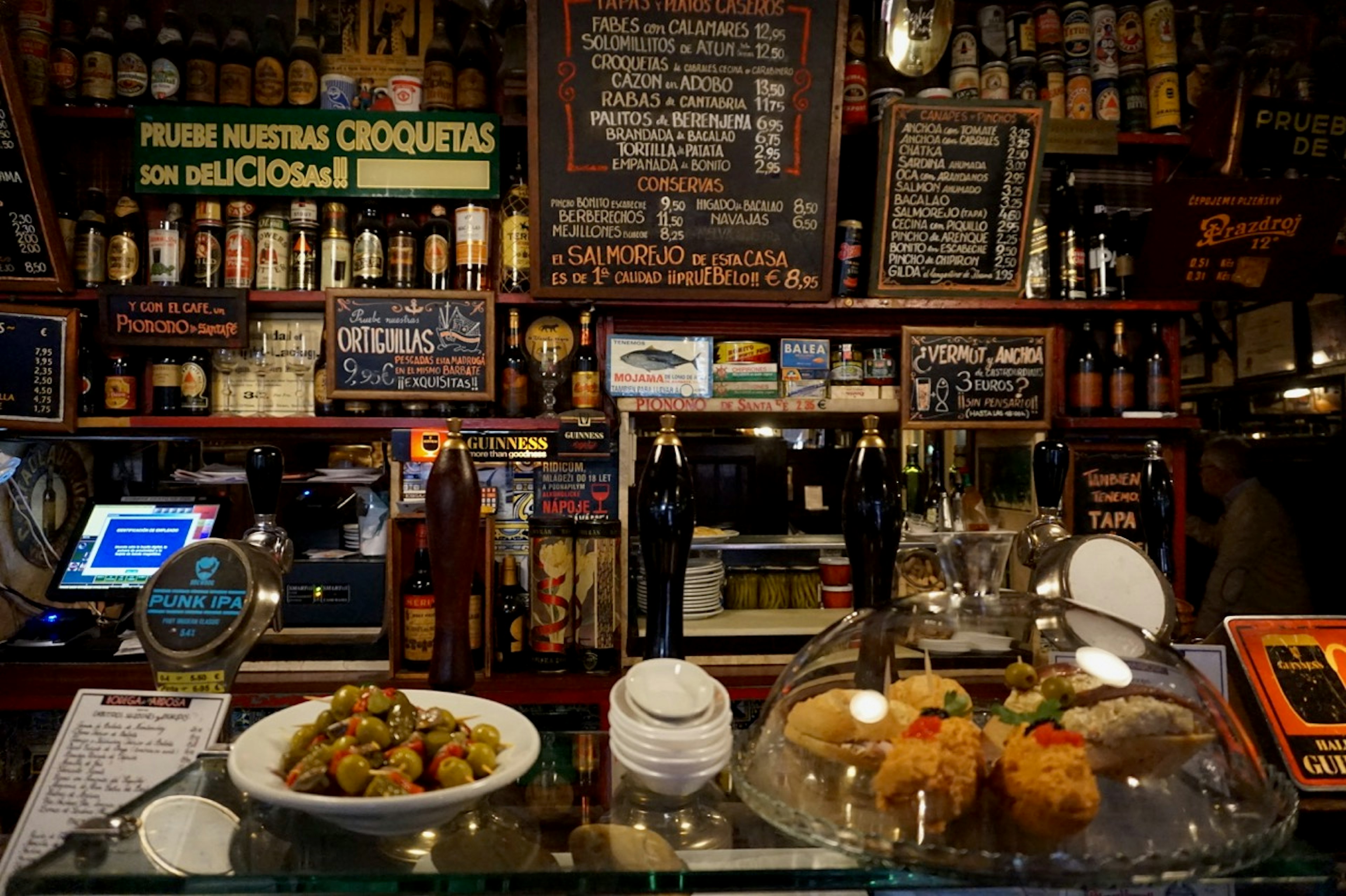 Tapas and pinchos at Bodega de la Ardosa in Madrid, Spain