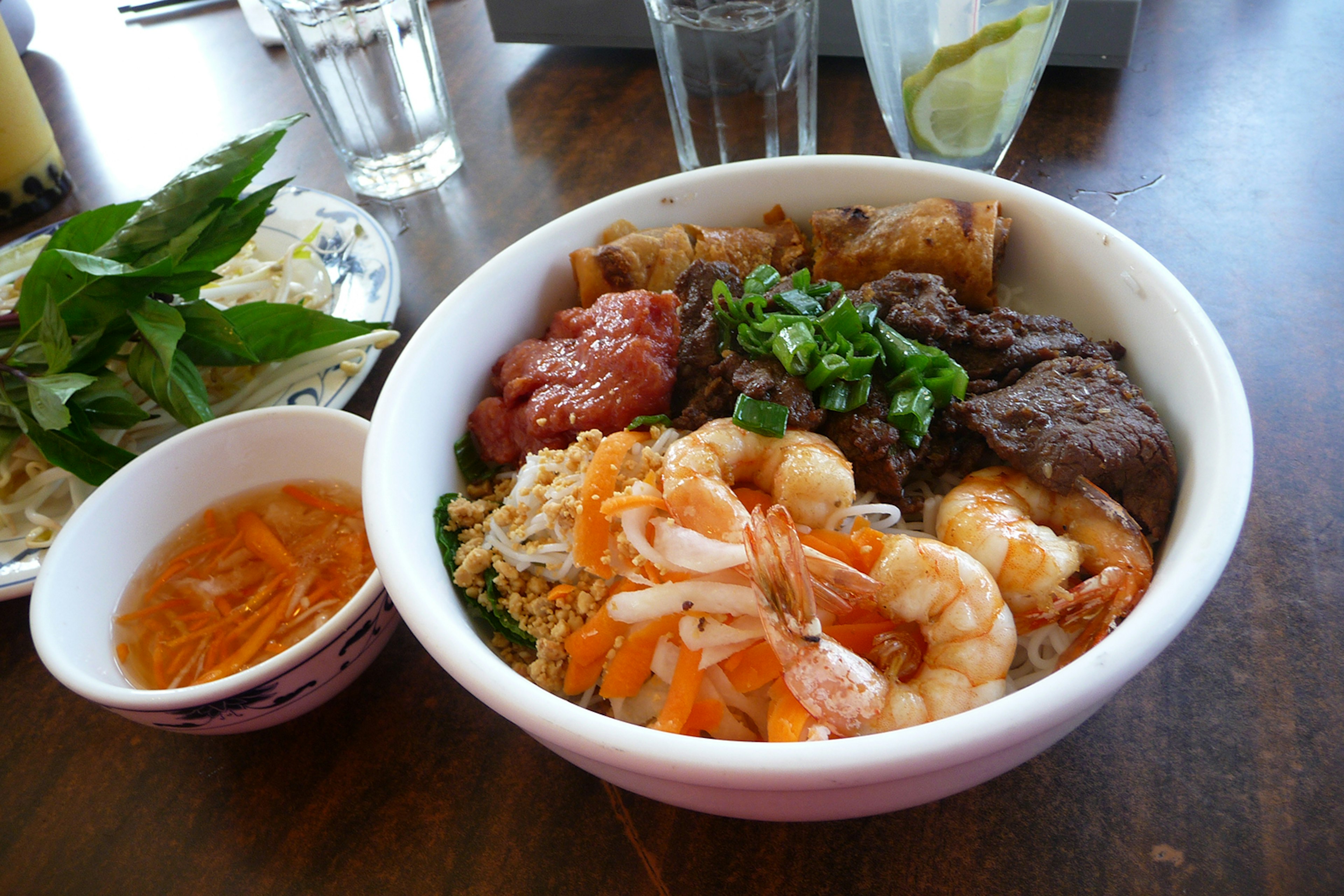 bowl of vermicelli noodles on a table at tank noodle in Chicago