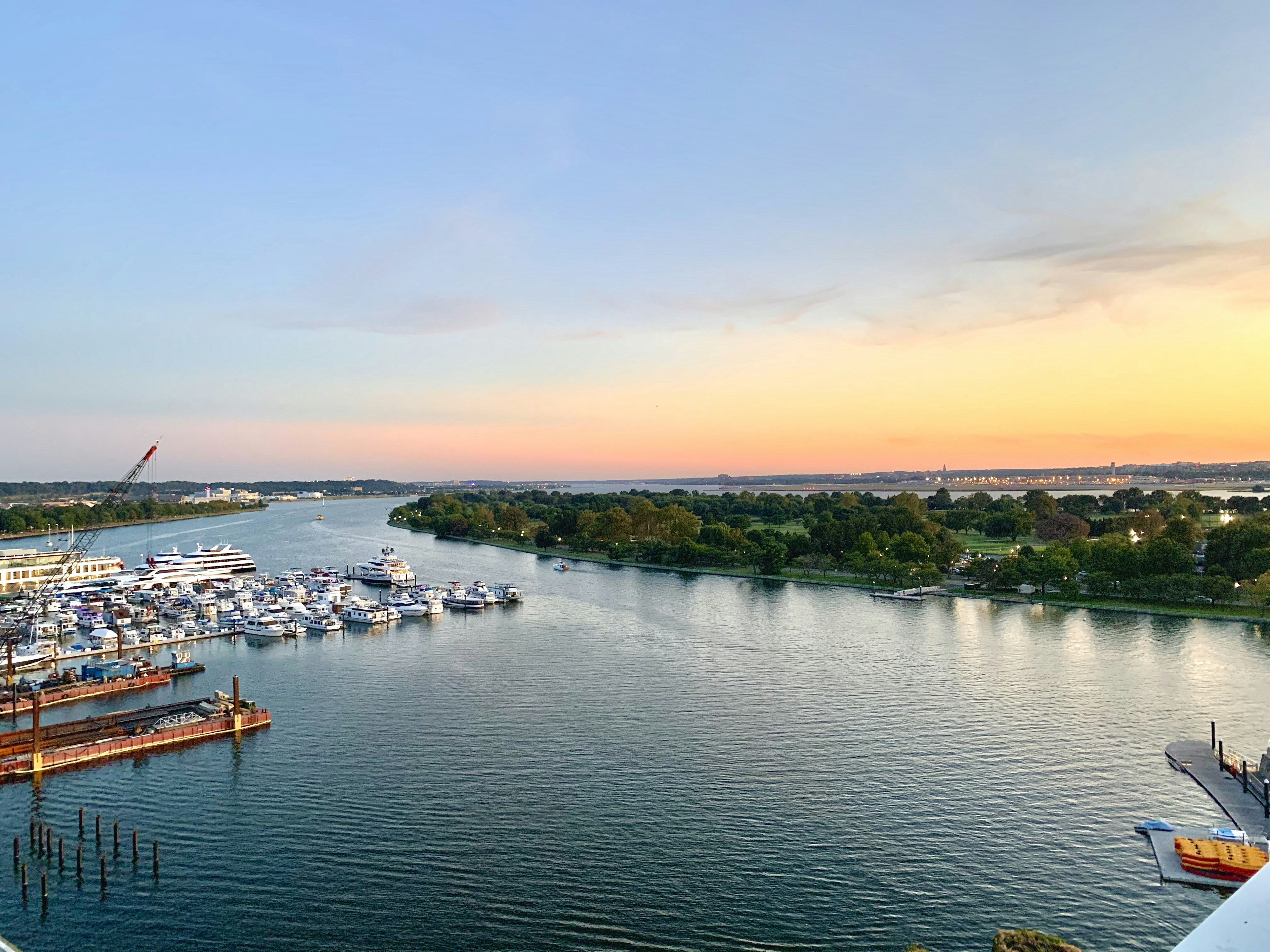 The view from Whiskey Charlie down to the Washington Channel; to the left is a marina filled with yachts.