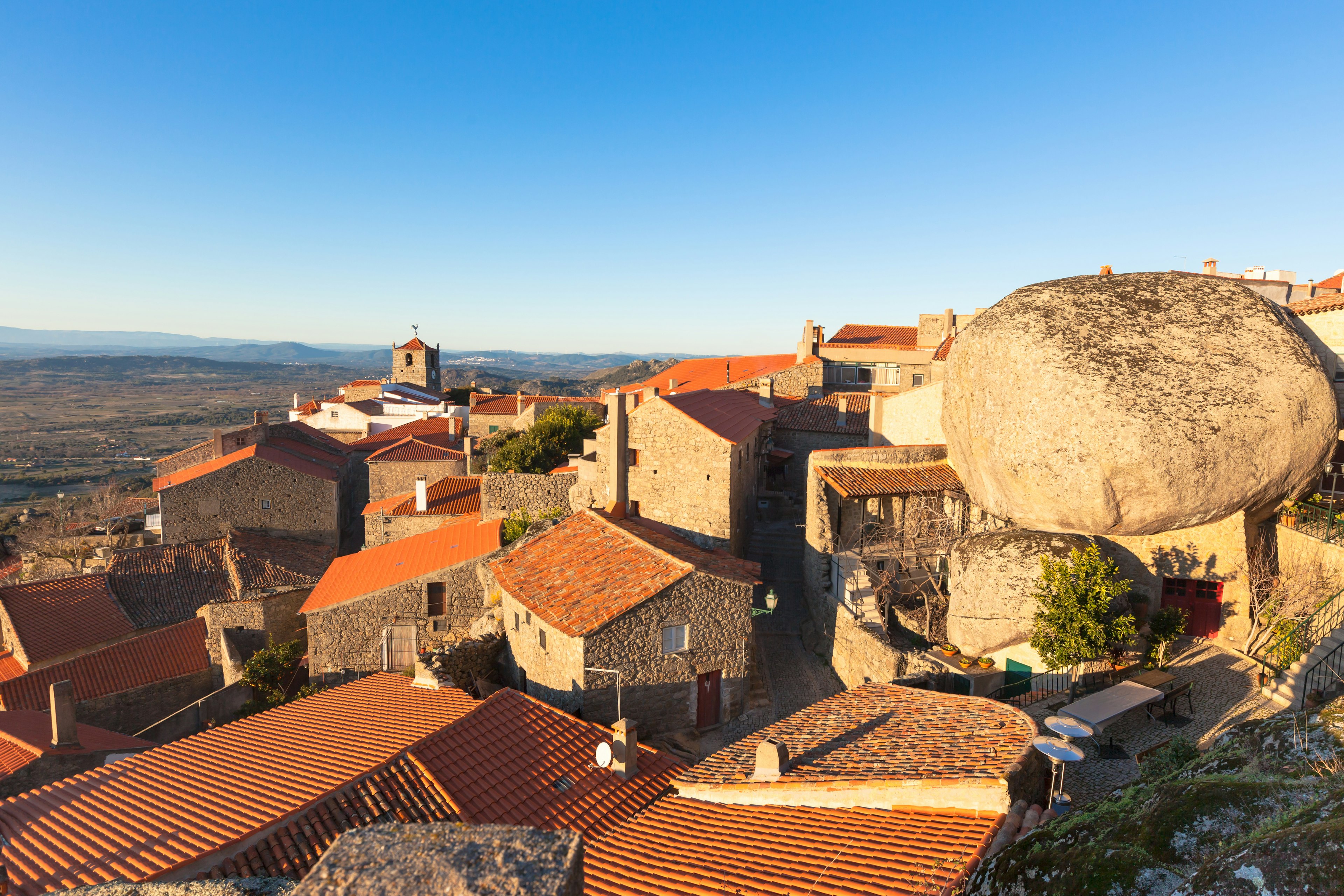 Houses in Monsanto town on sunny day, Portuguese Mountains.