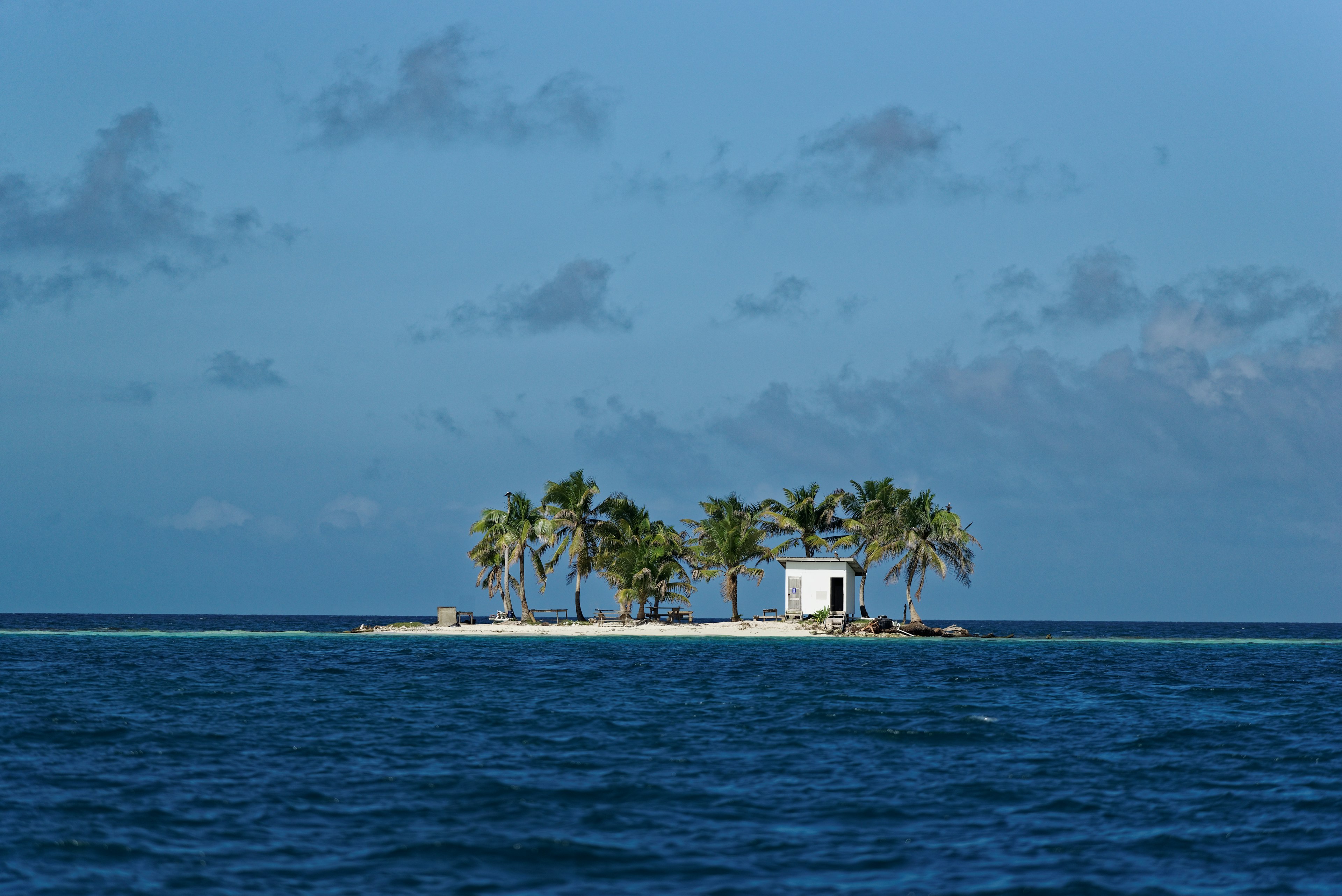 A small island with some trees and a toilet. The island in the iamge is dwarfed by the sky and the sea.