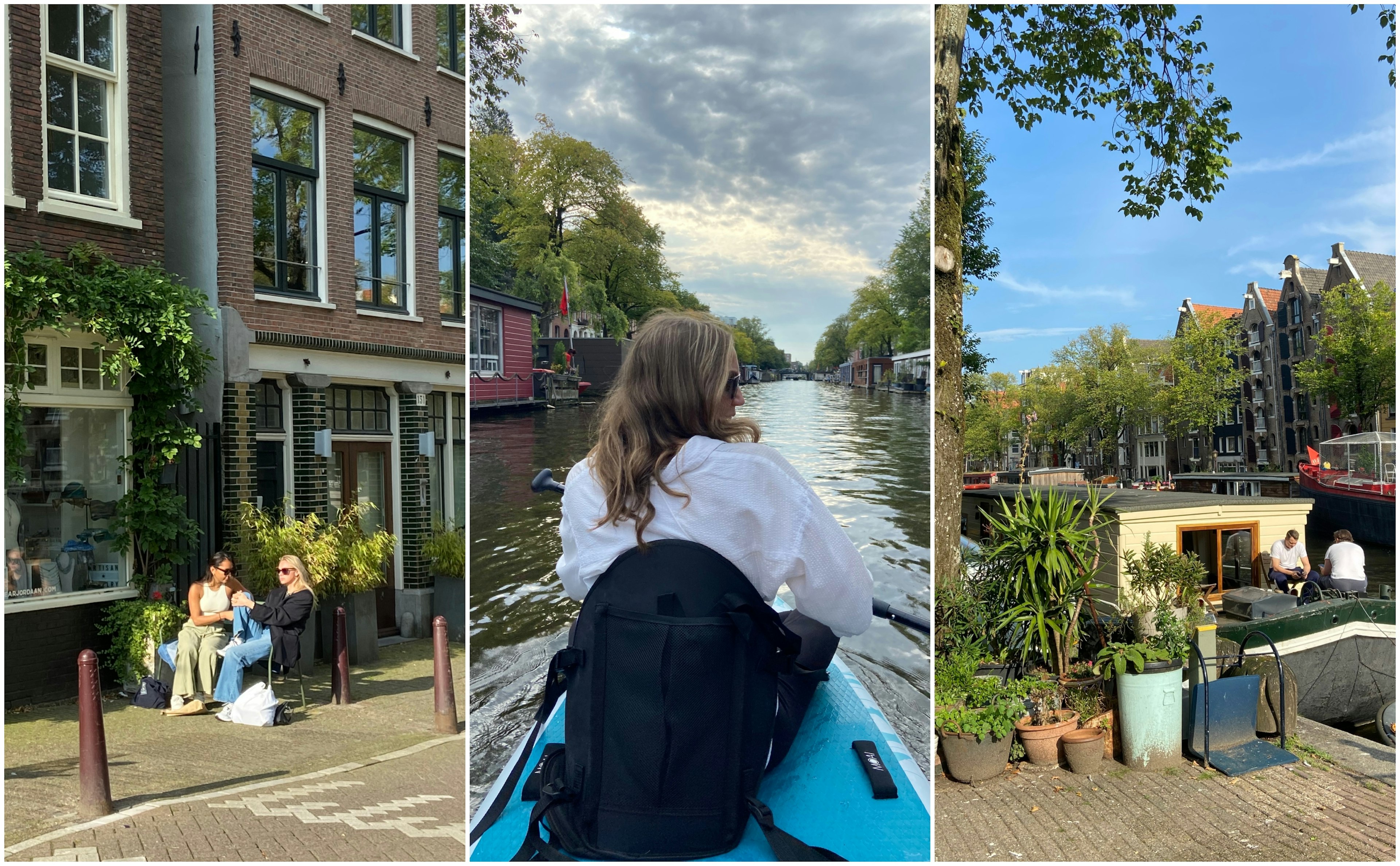 L-R: Two women at an outdoor terrace, a young woman on a kayak, two men on a houseboat