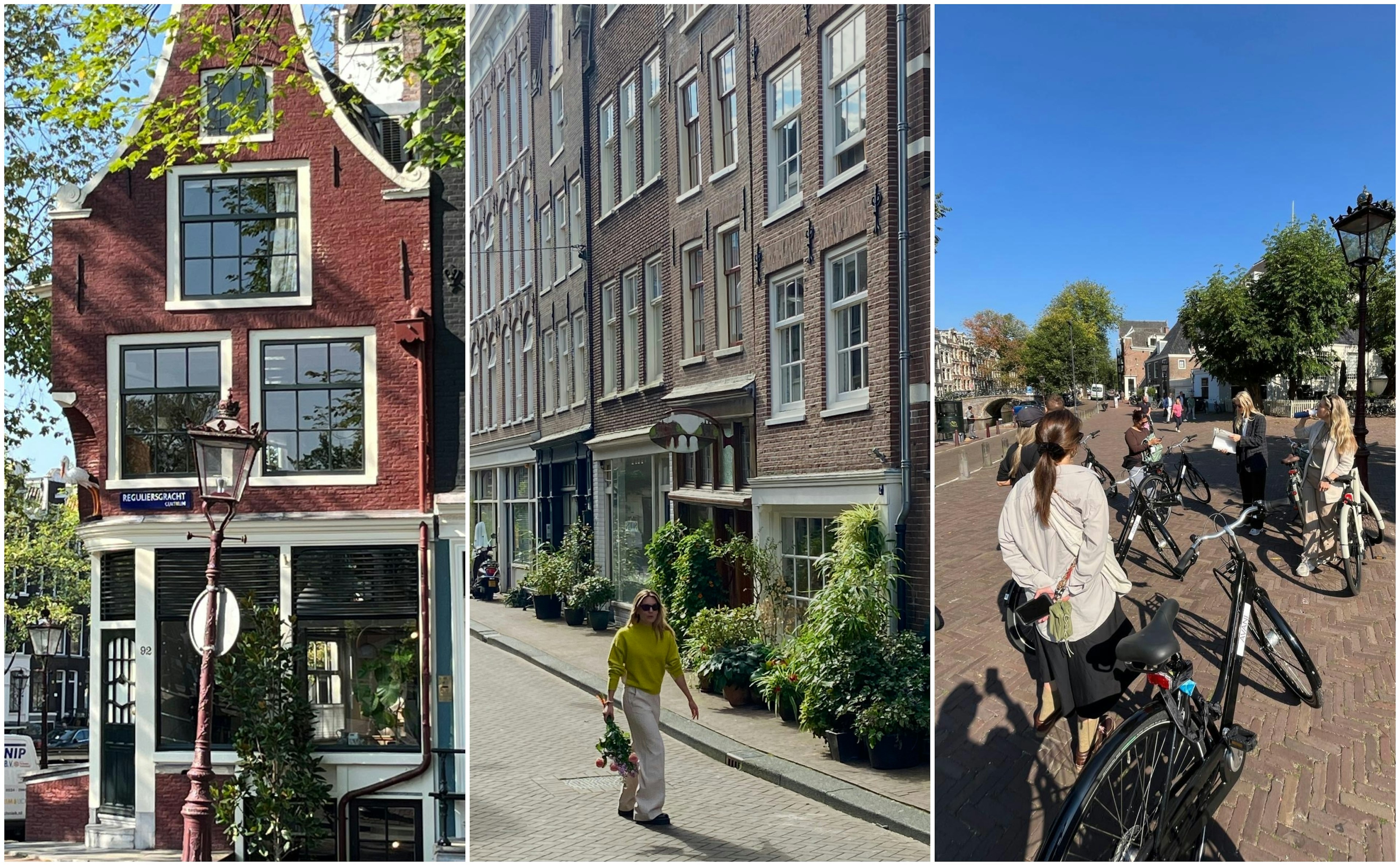 L-R: Canal house, a woman carrying a bouquet of flowers, a bike tour.