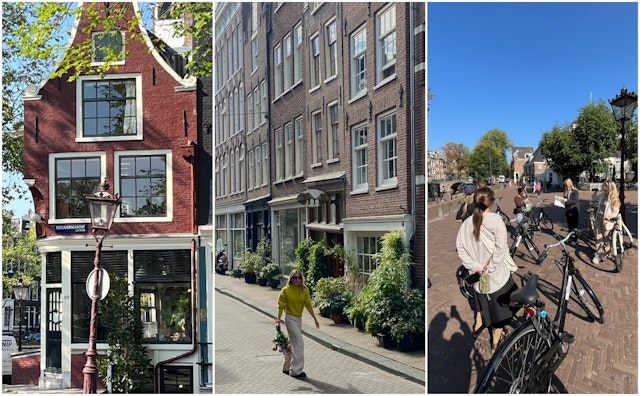 L-R: Canal house, a woman carrying a bouquet of flowers, a bike tour.