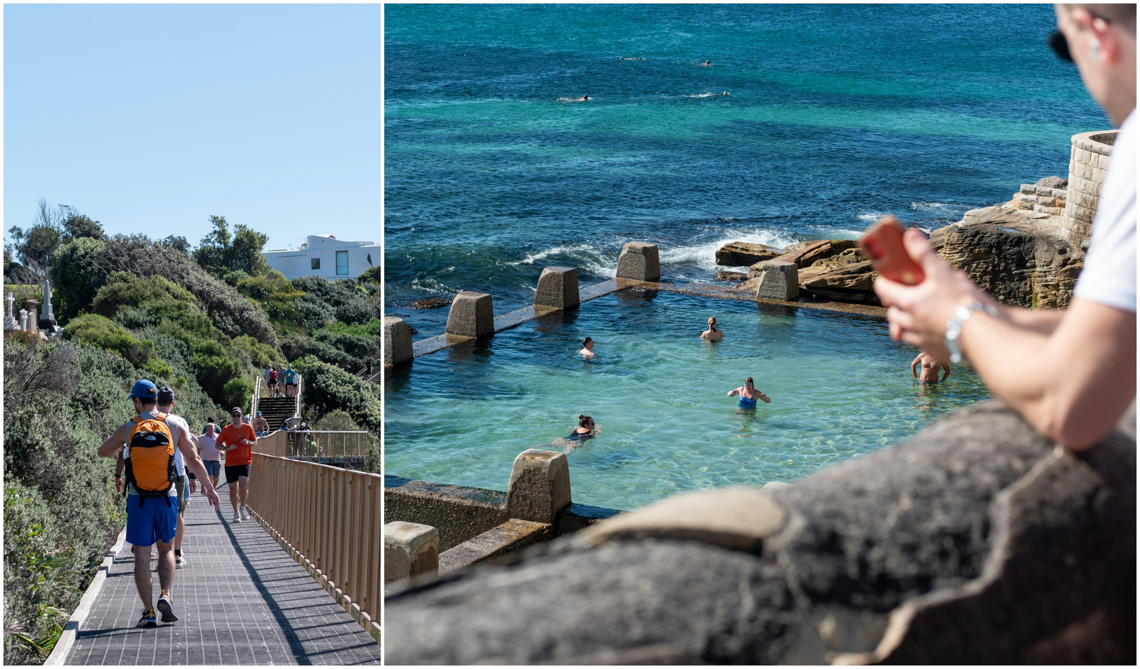 Sydney images from Joshua West for ϰϲʿ¼ with walkers on the Bondi to Coggee path plus swimmers at a rock pool