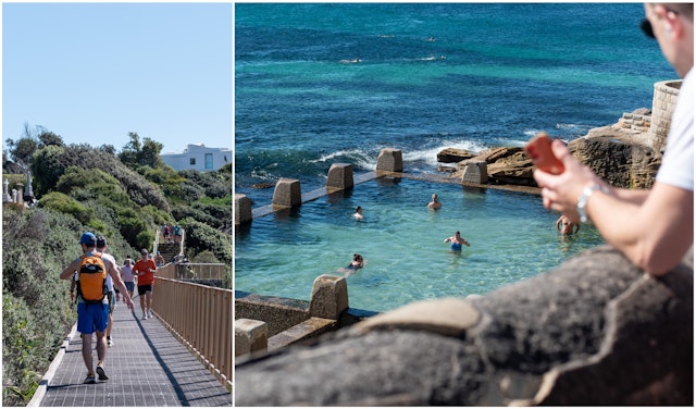 Sydney images from Joshua West for Lonely Planet with walkers on the Bondi to Coggee path plus swimmers at a rock pool