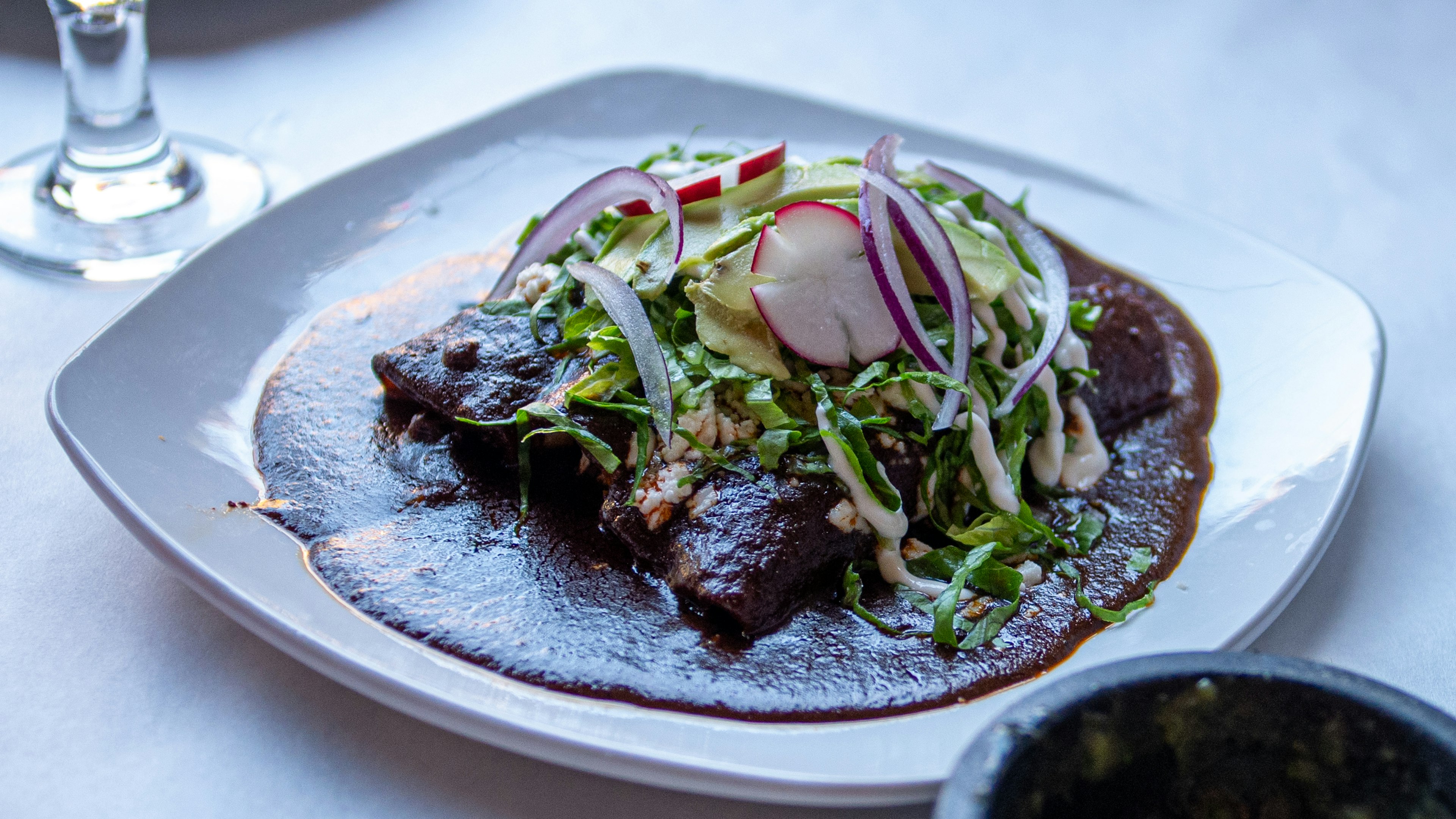 Enchiladas de mole poblano at El Barzon restaurant, Detroit, Michigan, USA