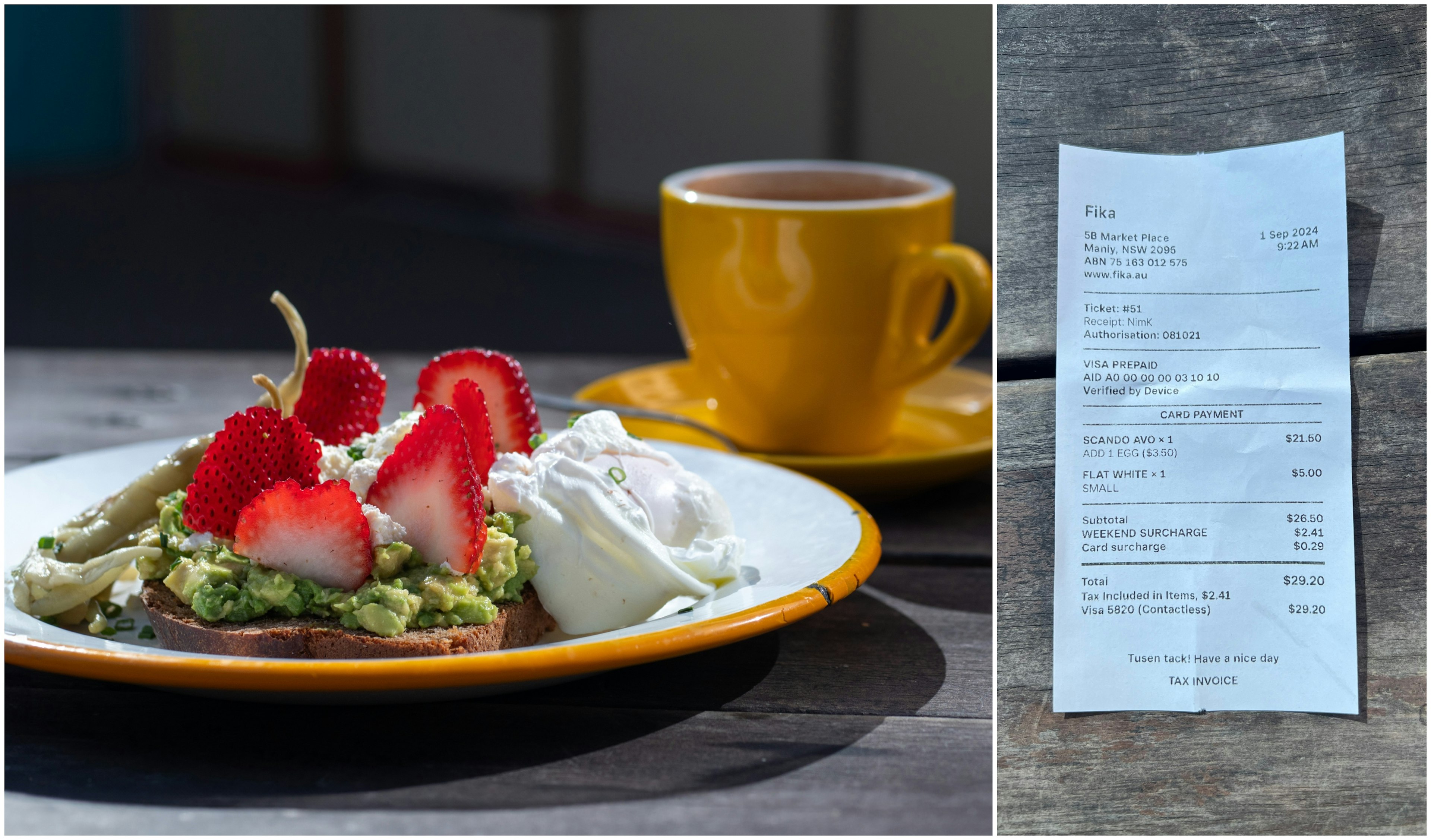 Eggs with avocado, feta and strawberries on toast plus a receipt from Fika in Sydney taken by Joshua West for Lonely Planet