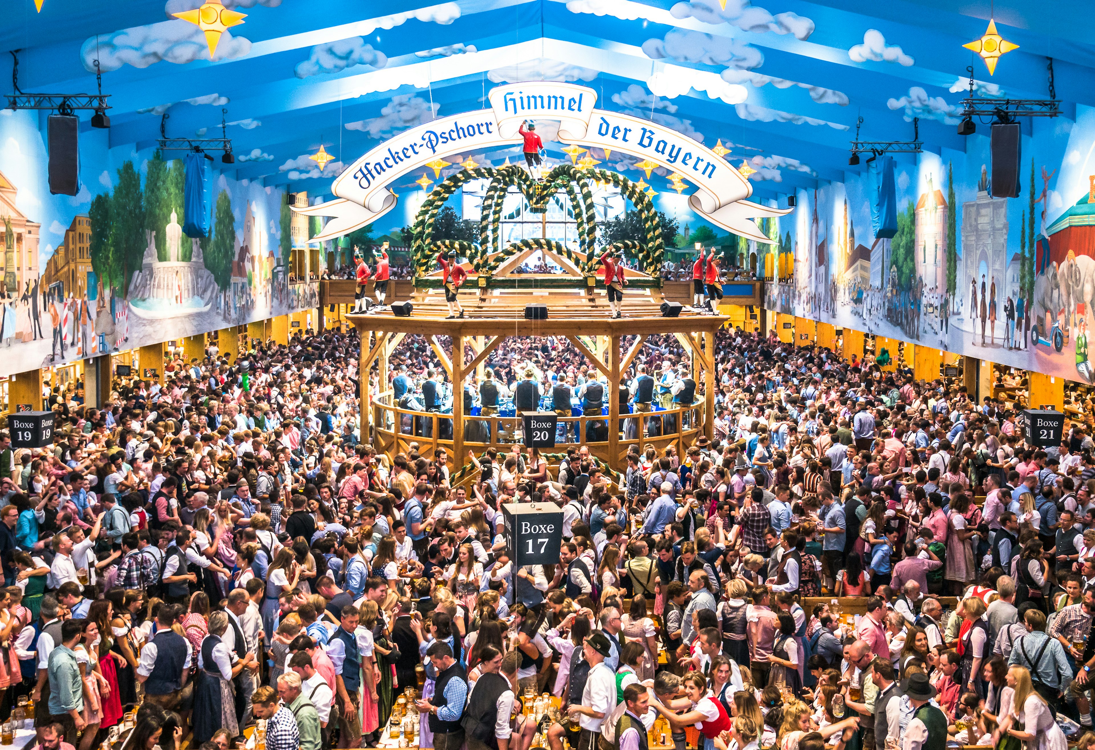 Thousands of people pack the Hacker-Pschorr tent for Oktoberfest in Munich, Germany