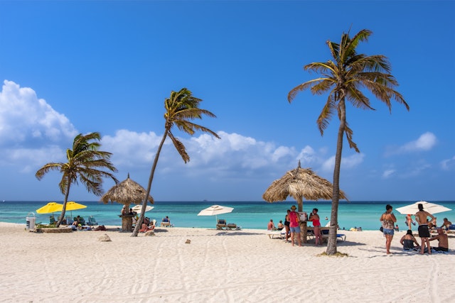 People enjoying a beautiful sunny day under sunshades and palm trees on a beach