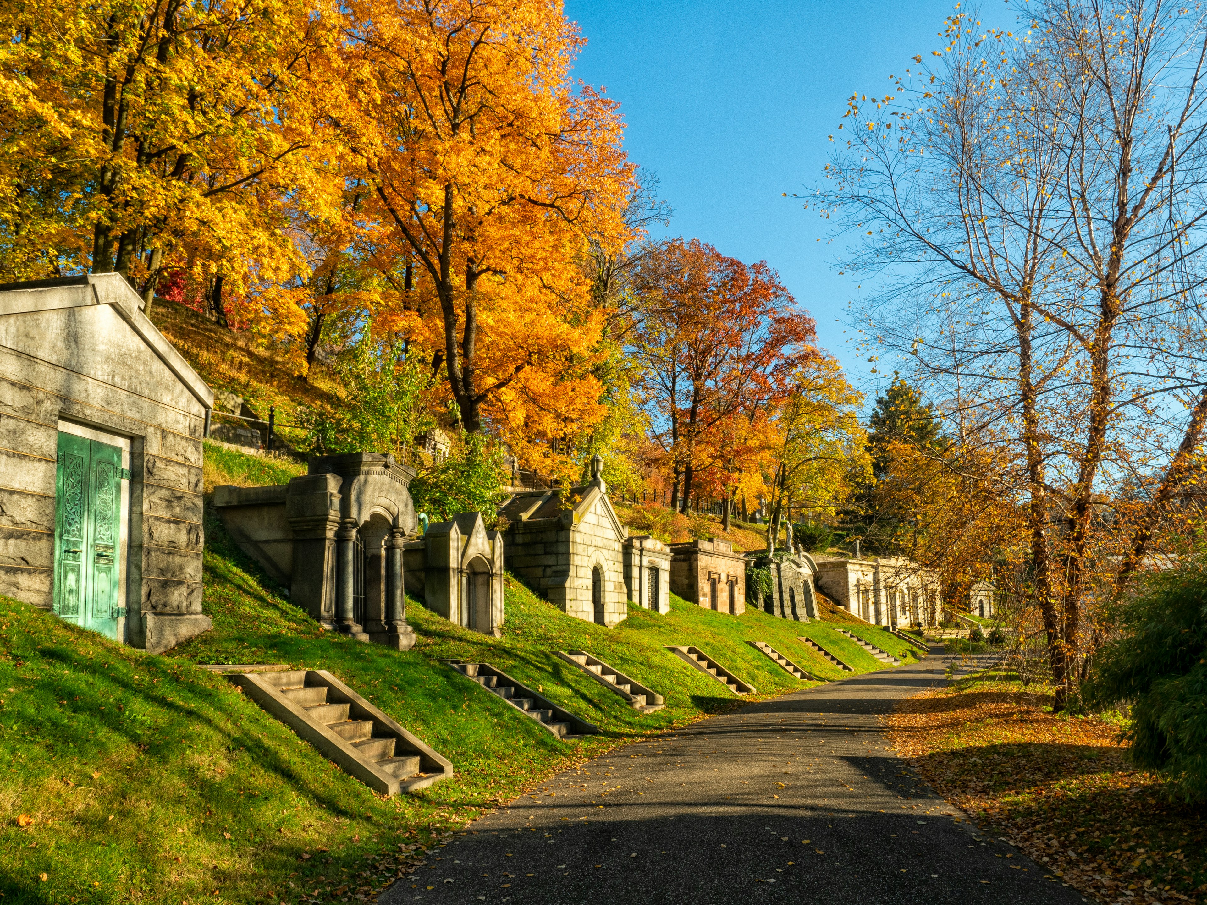 A path beside mausoleums in a cemetery with golden leaves on the surrounding trees