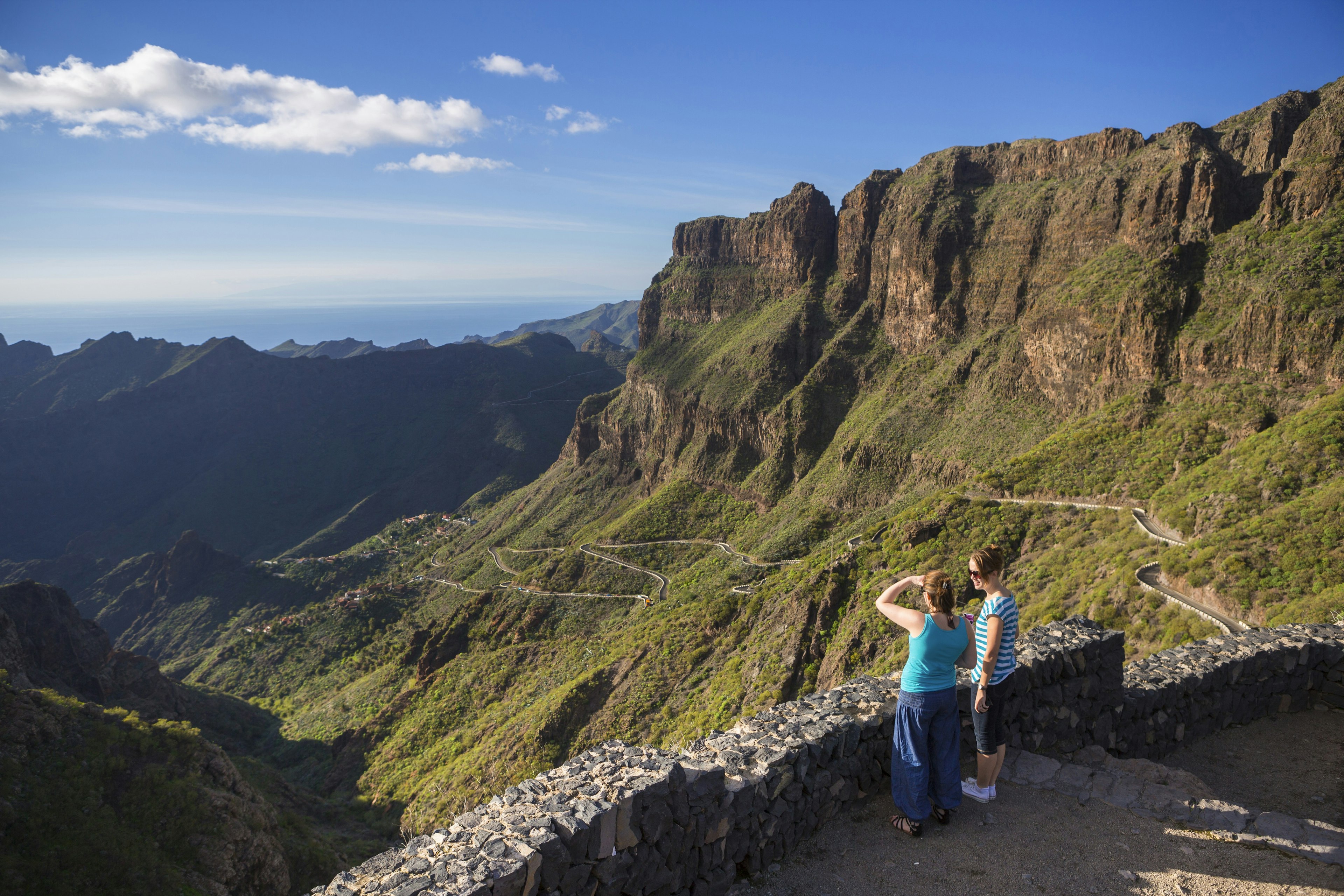 Spain , Canary Islands , Tenerife Island, Masca Valley lookout -- two women admire the view