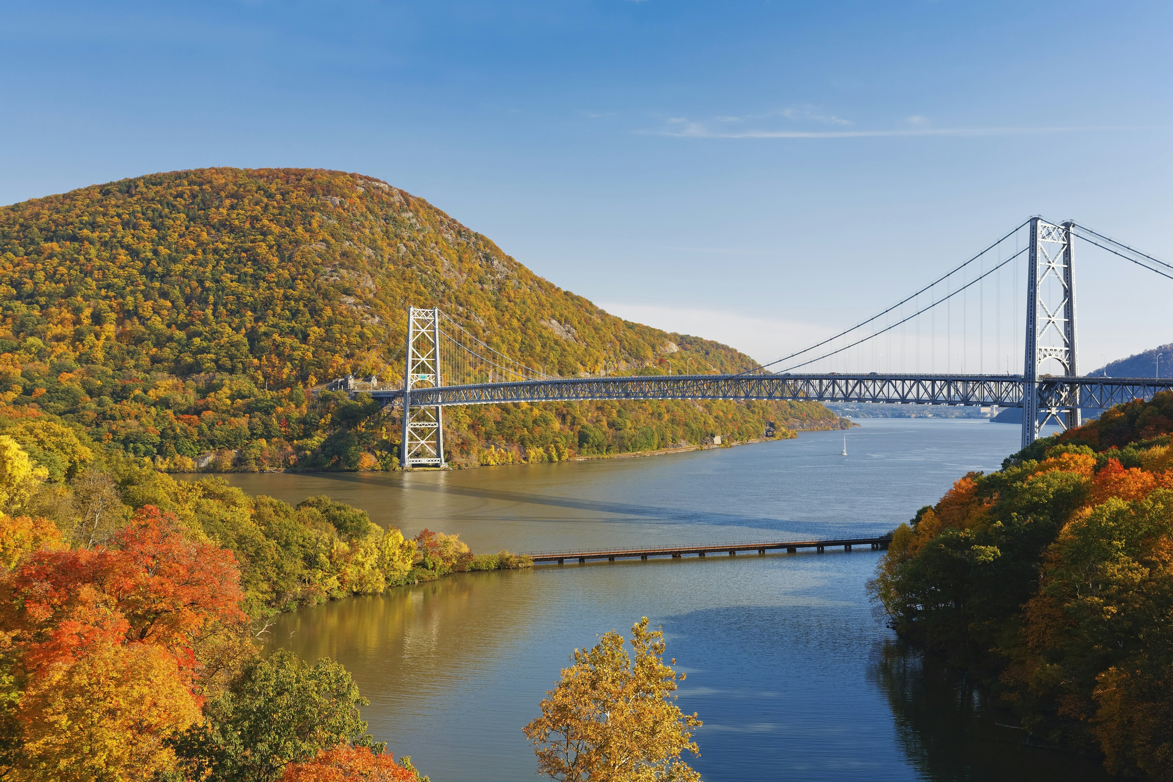 A bridge crosses over a river surrounded by fall foliage