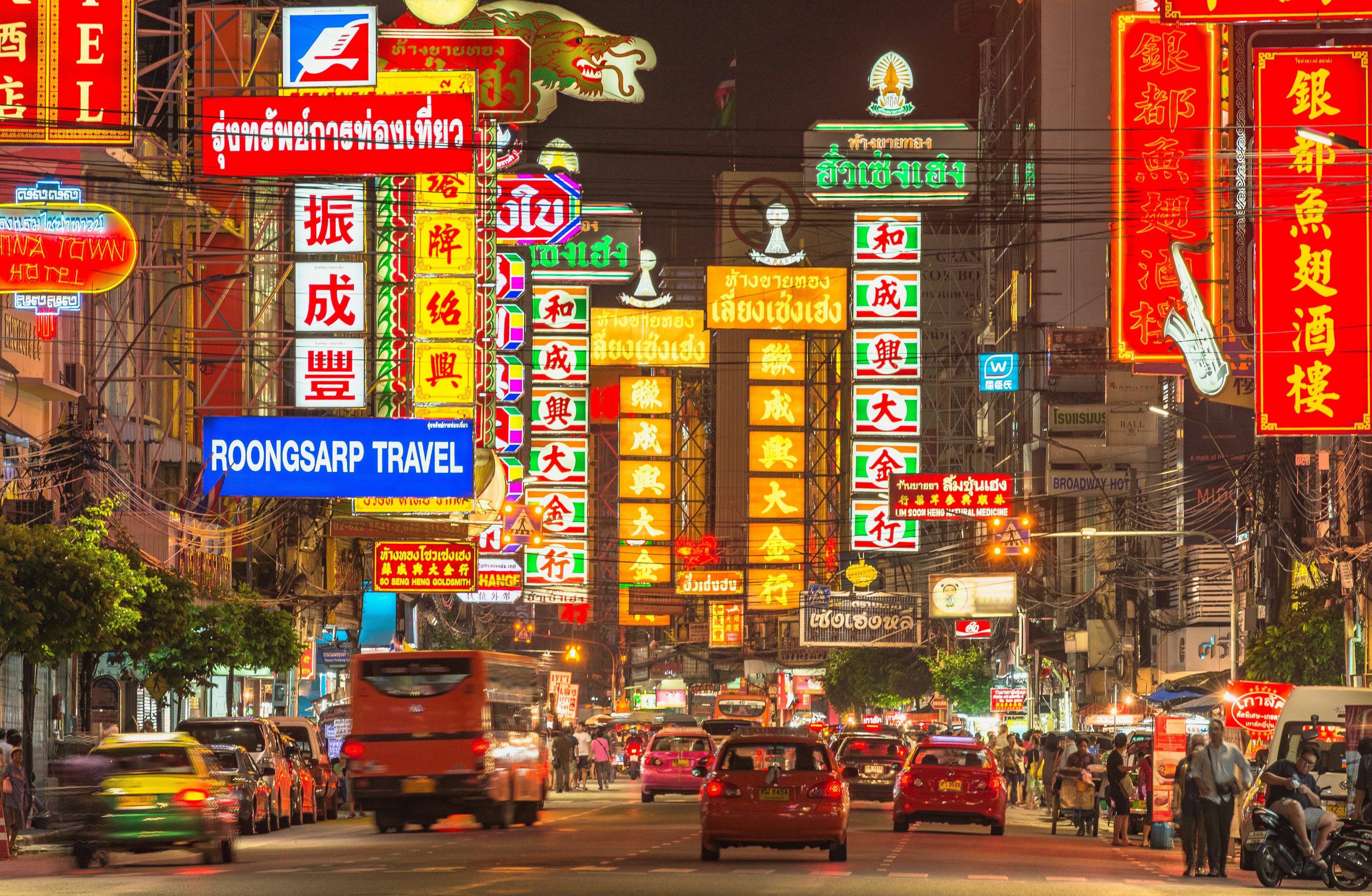 View of Samphanthawong city with Yaowarat road and signs at night, Chinatown, Bangkok, Thailand