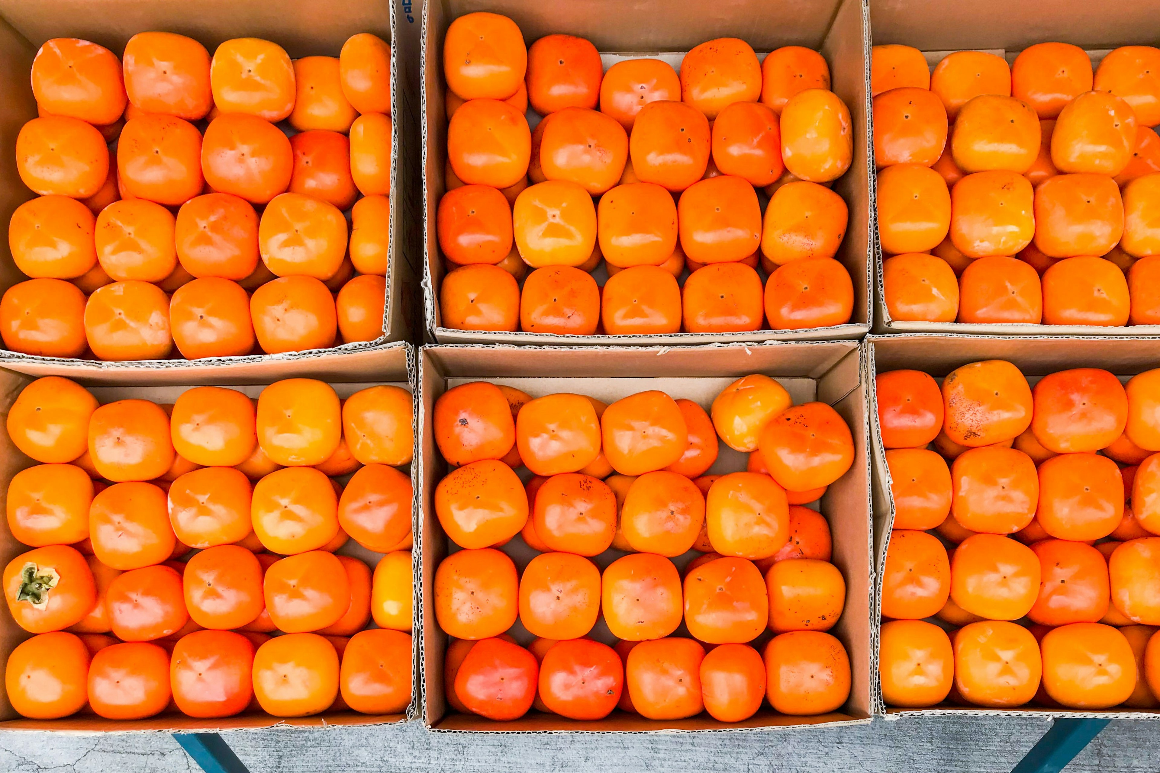 Boxes of seedless persimmon fruits from the Wakayama Prefecture of Japan, which are sold in Yokohama.