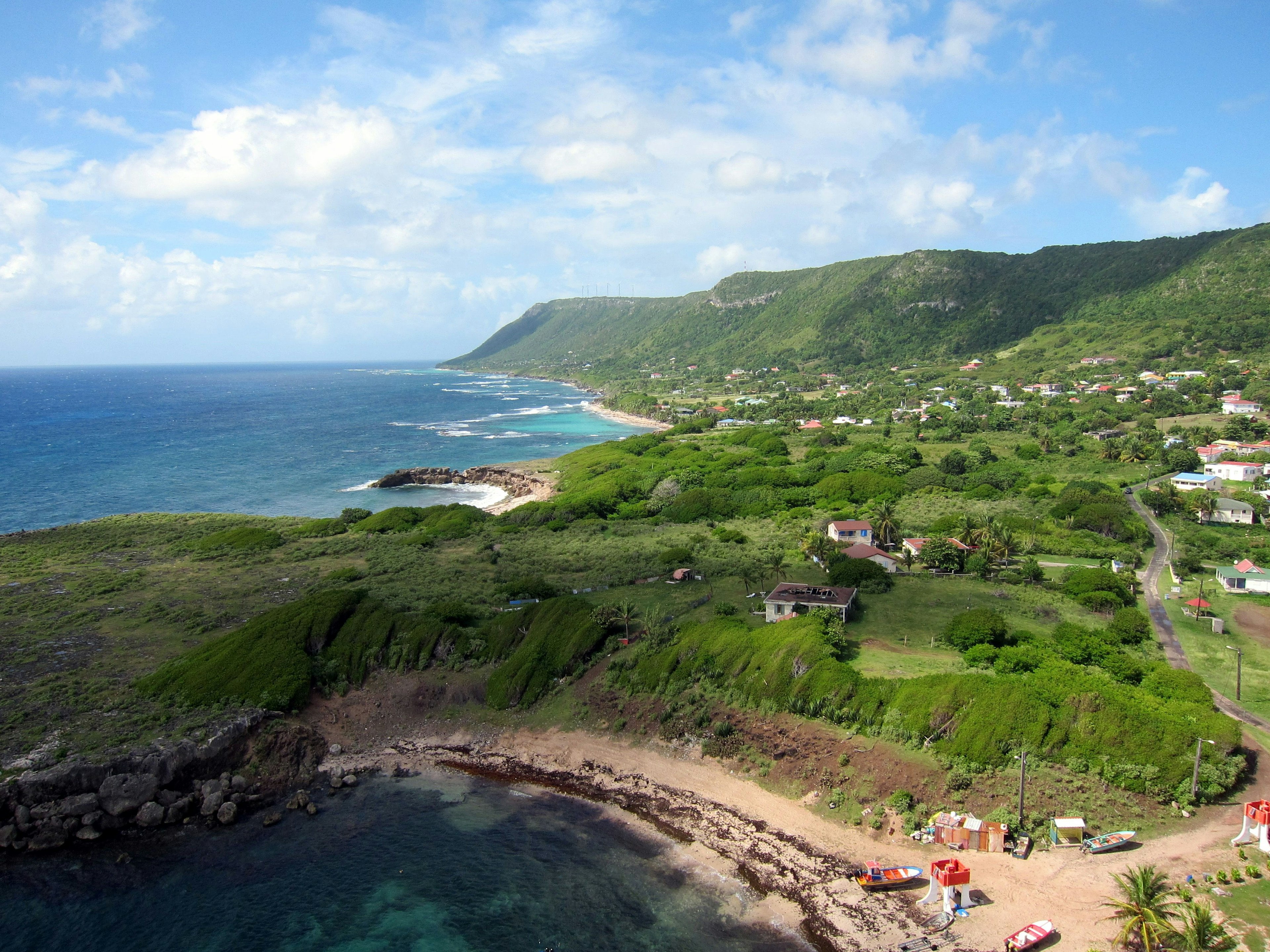 An aerial view of La Désirade and its mountainous ridge