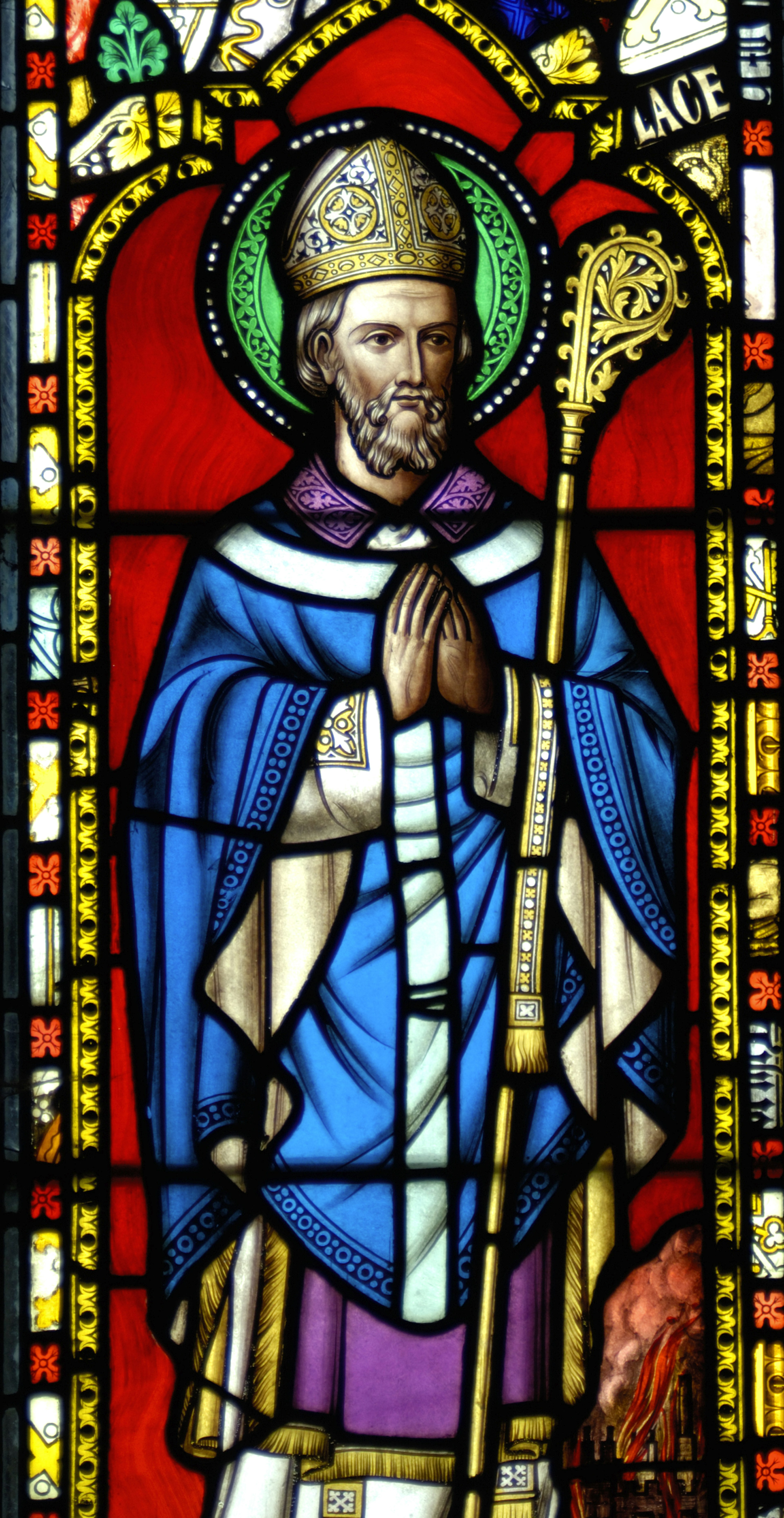 A stained glass window in the chapel on the Farne Islands, UK, depicting Saint Cuthbert as Bishop of Lindisfarne.