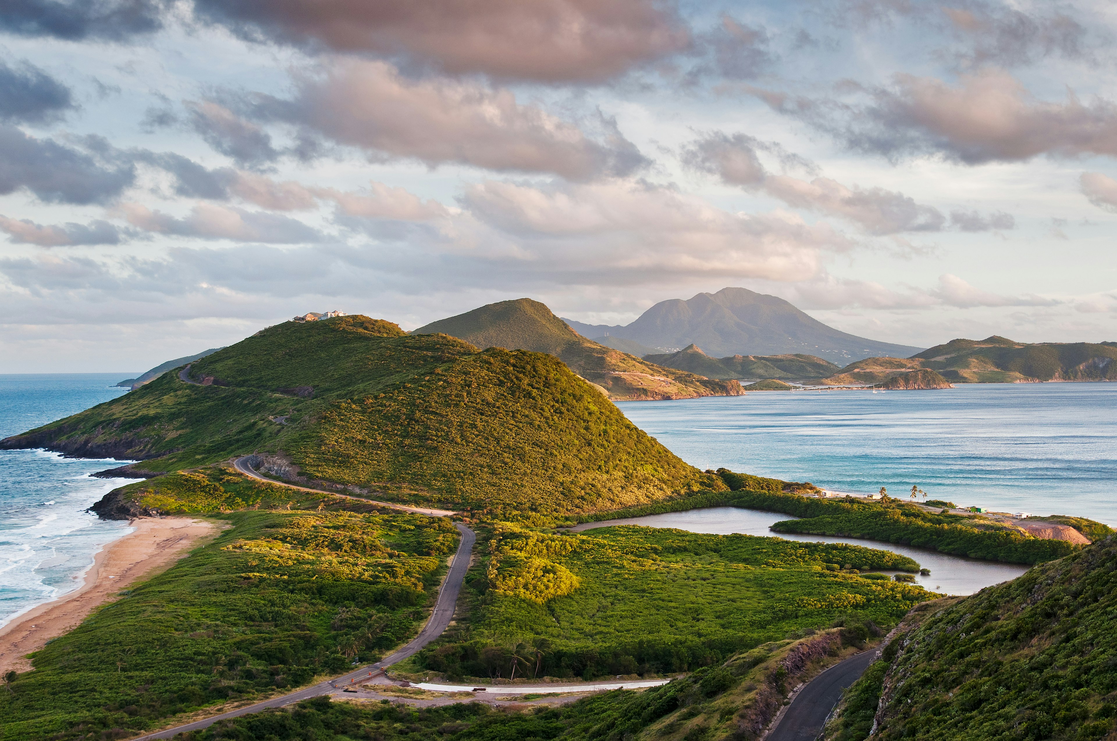 View of Nevis island with beaches and ocean