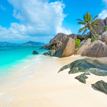 Granite rock formations on Anse Source d’Argent beach, the island of La Digue, Seychelles