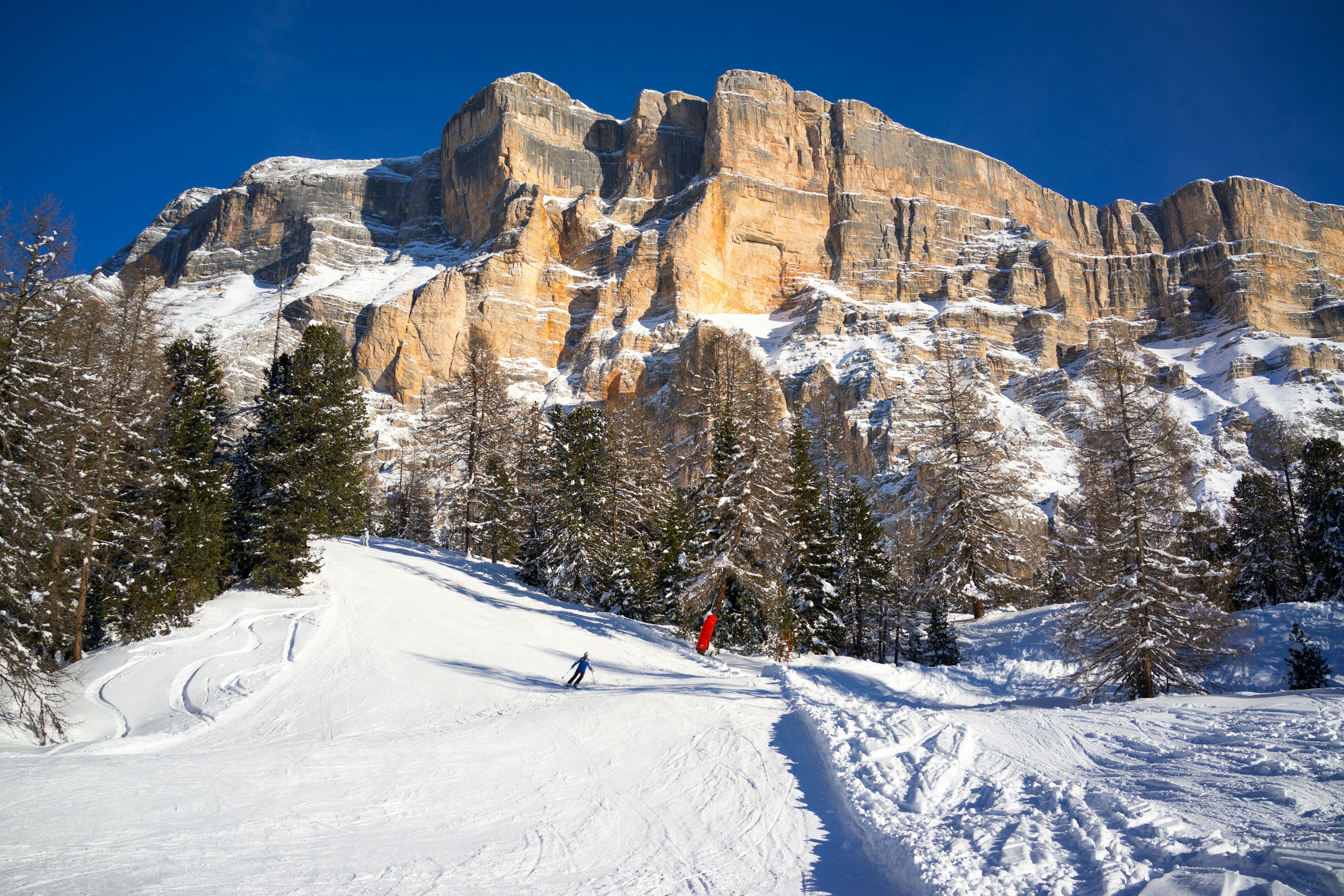 A skier glides down an empty slop backed by forest and a mountain