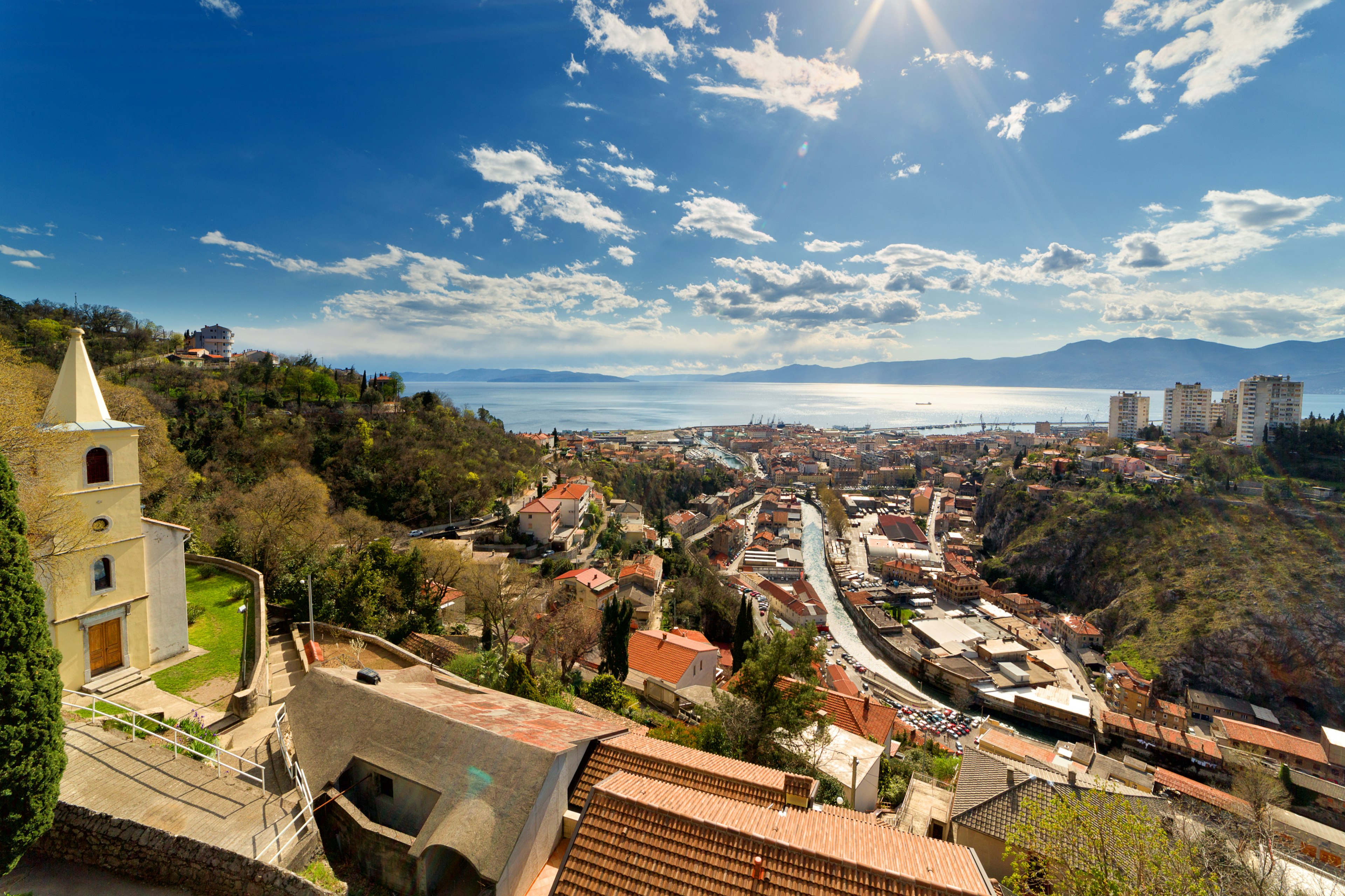 Aerial view of downtown Rijeka, Croatia, and Adriatic Coast.