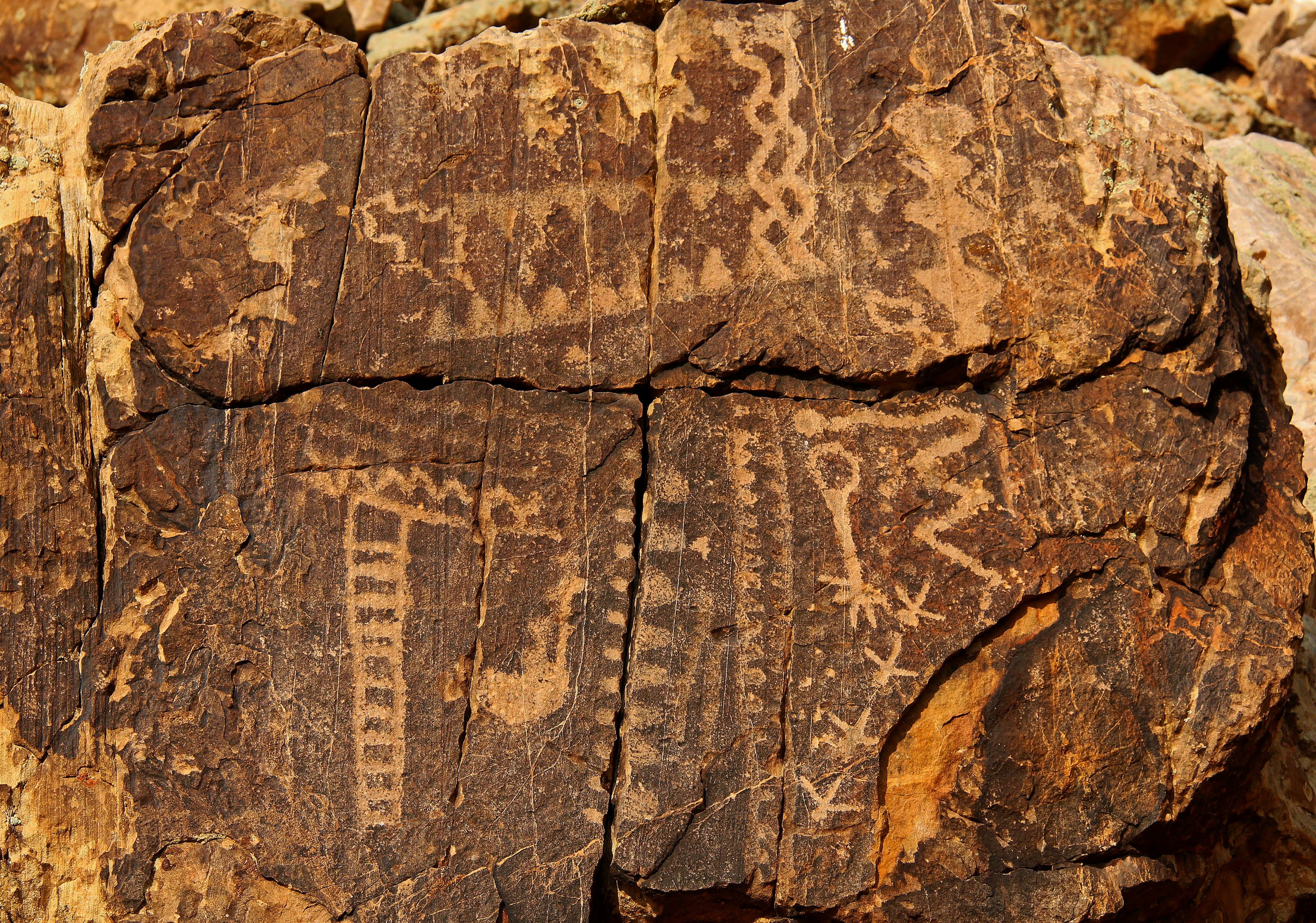 White etchings mark a dark brown stone at Parowan, in Arizona.